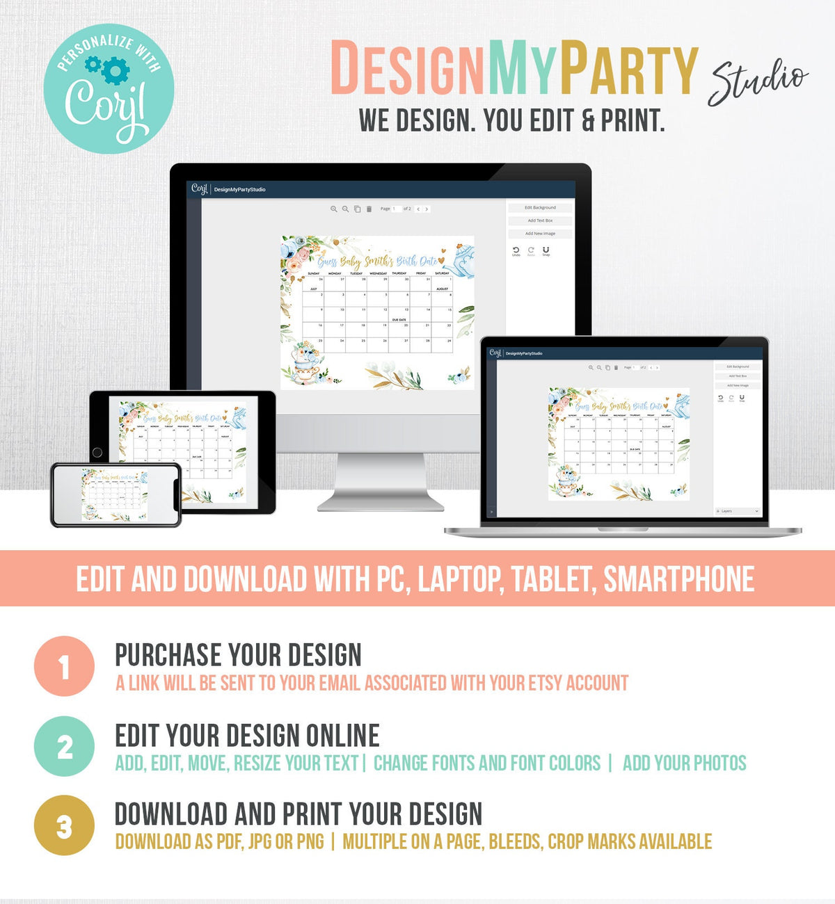 Editable Guess the Birth Date Baby Shower Game Guess Birthday Baby is Brewing Baby Shower Floral Tea Blue Gold Corjl Template Printable 0349