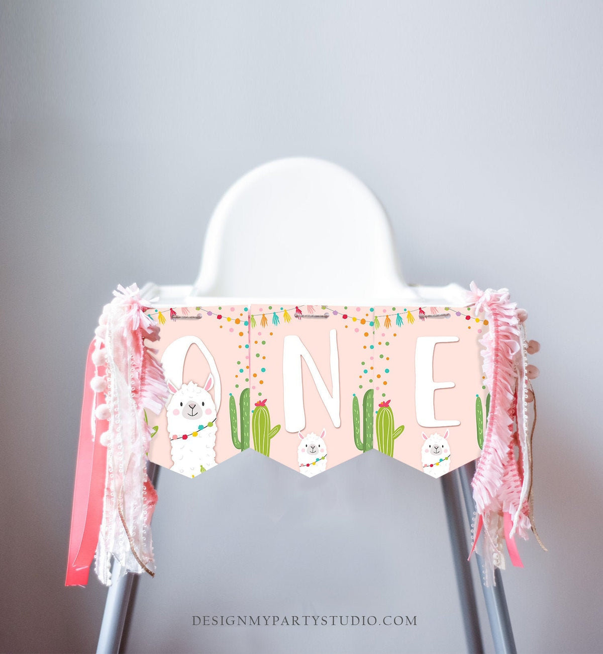 Llama High Chair Banner Girl 1st First Birthday Pink ONE Fiesta Birthday Party Decor One Garland Cactus Succulent PRINTABLE Digital 0079
