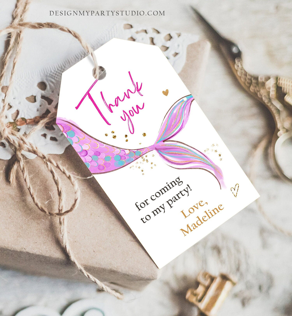 Editable Mermaid Birthday Favor Tags Under The Sea Thank you tags Mermaid Party Girl Pink Purple Digital Download Template Printable 0403