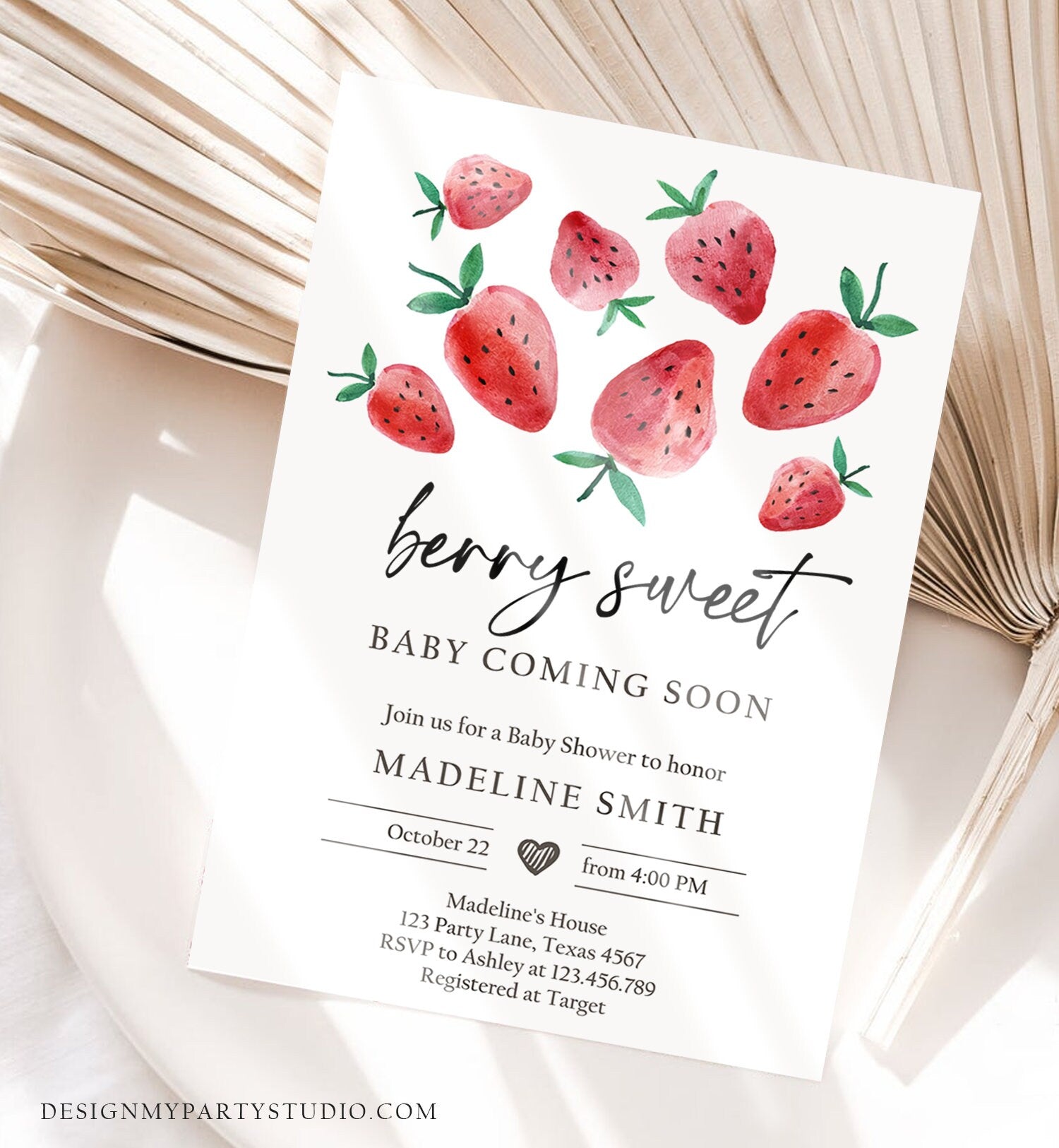 Editable Strawberry Baby Shower Invitation Cute Berry Sweet Baby Girl Strawberries Summer Download Printable Template Corjl Digital 0399