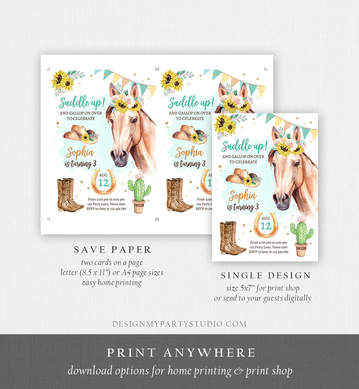 Editable Cowgirl Birthday Invitation Girl Saddle Up Watercolor Horse Party Birthday Sunflowers Digital Download Template Printable 0398