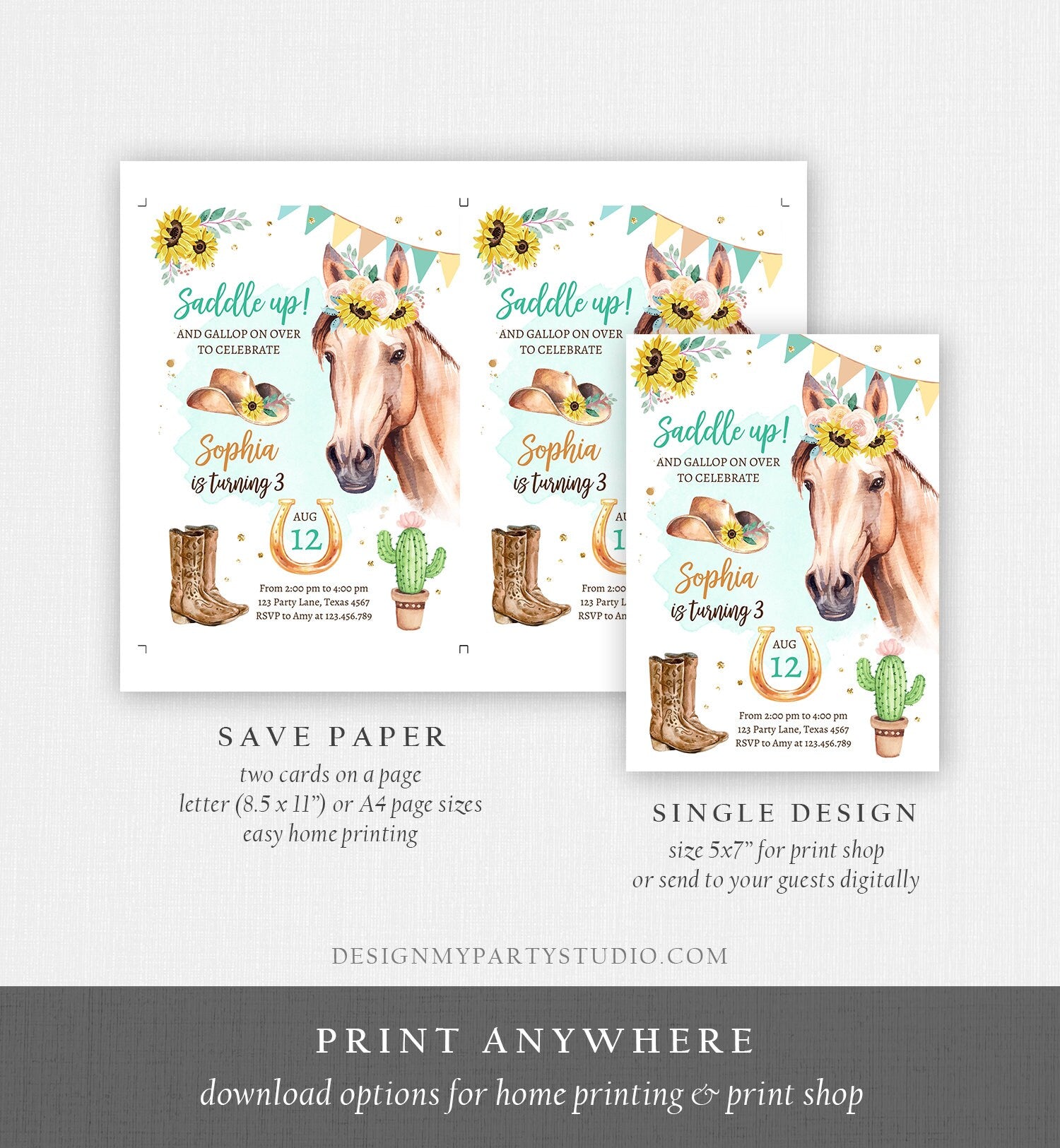 Editable Cowgirl Birthday Invitation Girl Saddle Up Watercolor Horse Party Birthday Sunflowers Digital Download Template Printable 0398