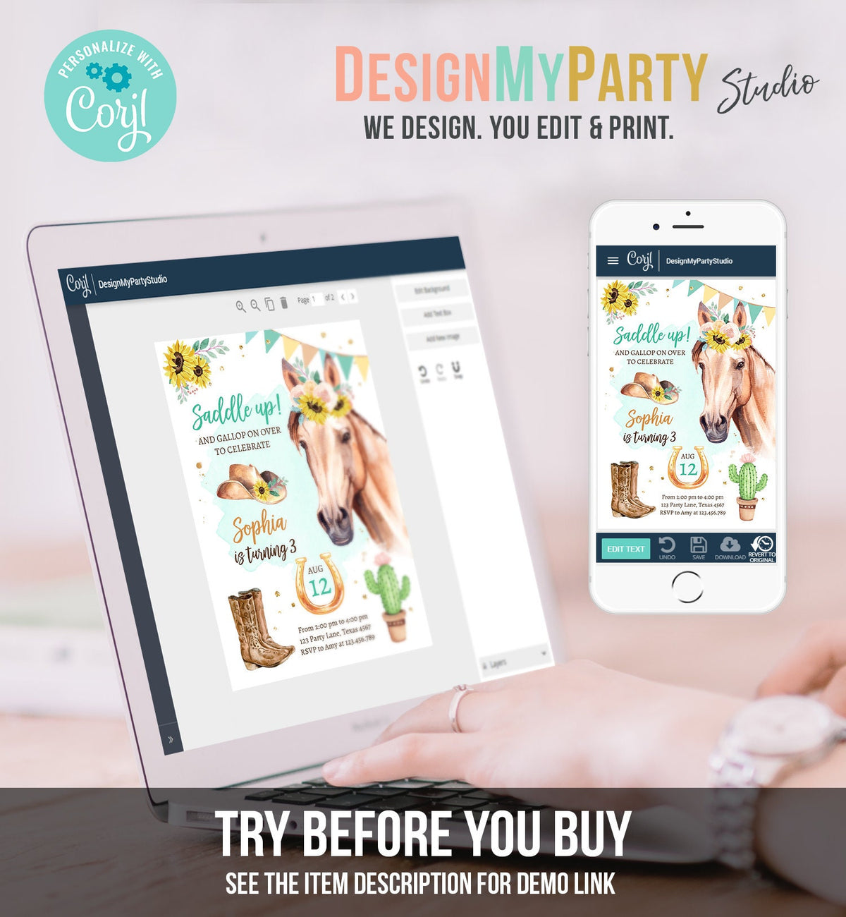 Editable Cowgirl Birthday Invitation Girl Saddle Up Watercolor Horse Party Birthday Sunflowers Digital Download Template Printable 0398