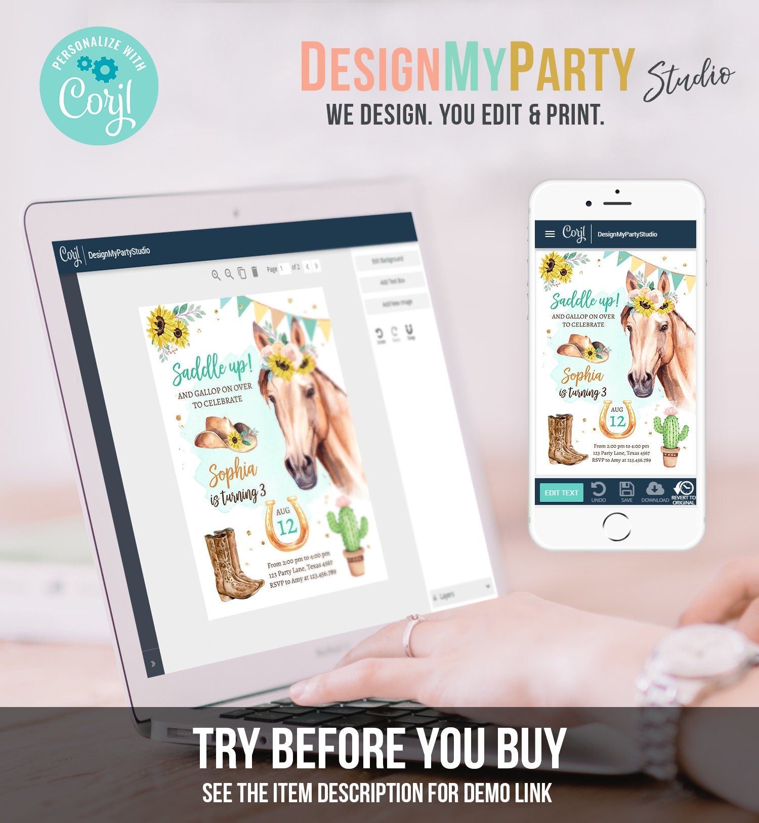 Editable Cowgirl Birthday Invitation Girl Saddle Up Watercolor Horse Party Birthday Sunflowers Digital Download Template Printable 0398