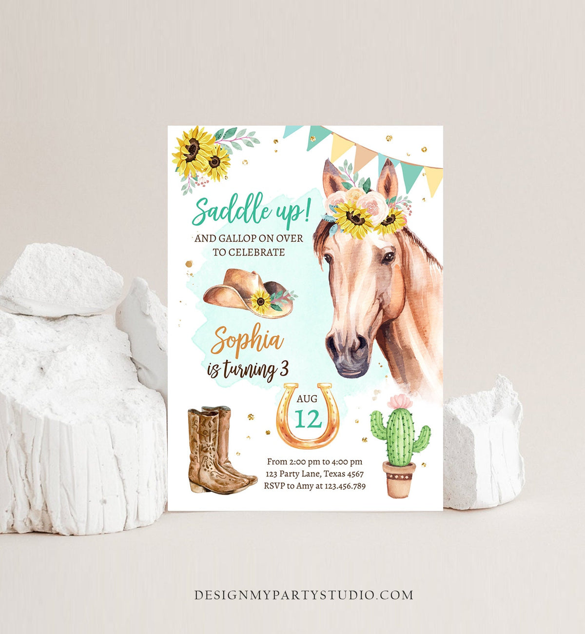 Editable Cowgirl Birthday Invitation Girl Saddle Up Watercolor Horse Party Birthday Sunflowers Digital Download Template Printable 0398