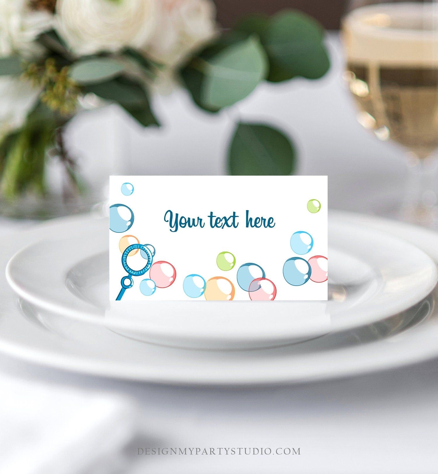 Editable Bubble Birthday Food Labels Bubbles Party Place Tent Card Escort Card Boy Birthday Pop Summer Printable Corjl Template 0035