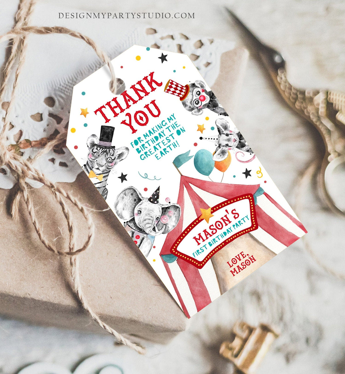 Editable Circus Favor Tag Carnival Festival Birthday Thank You Boy Vintage Label Animals Party Digital Download Template Printable 0355