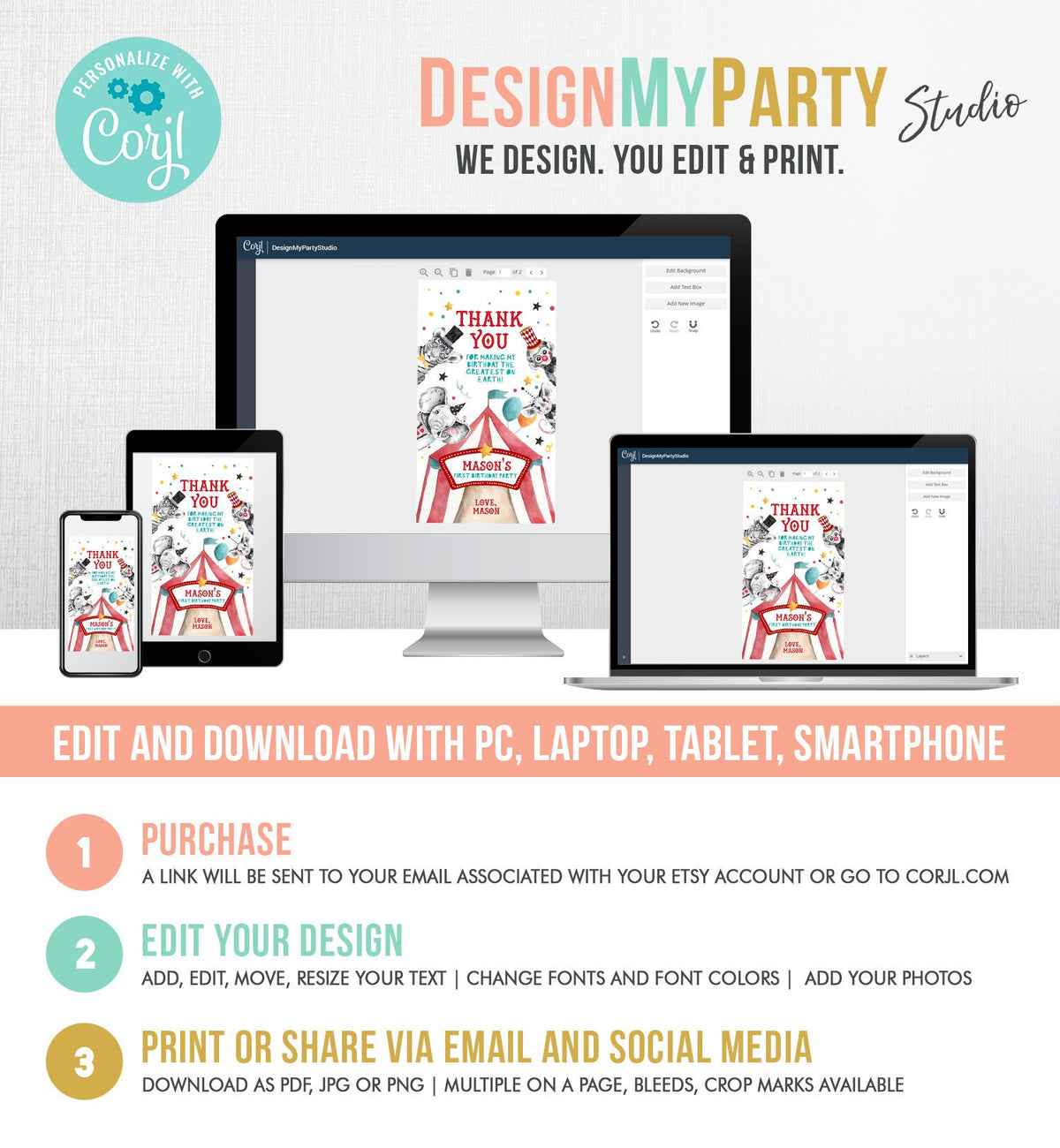 Editable Circus Favor Tag Carnival Festival Birthday Thank You Boy Vintage Label Animals Party Digital Download Template Printable 0355