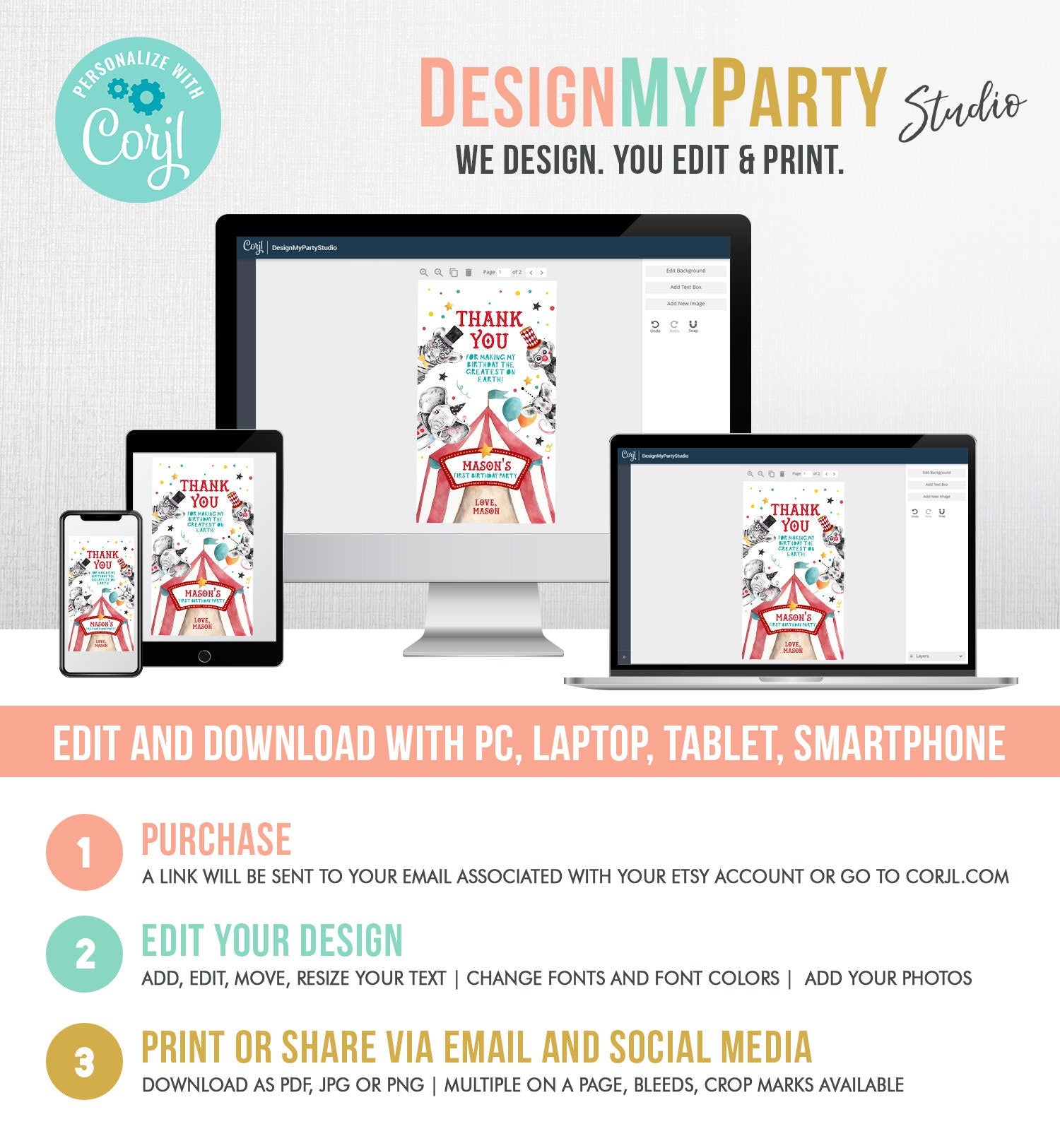 Editable Circus Favor Tag Carnival Festival Birthday Thank You Boy Vintage Label Animals Party Digital Download Template Printable 0355