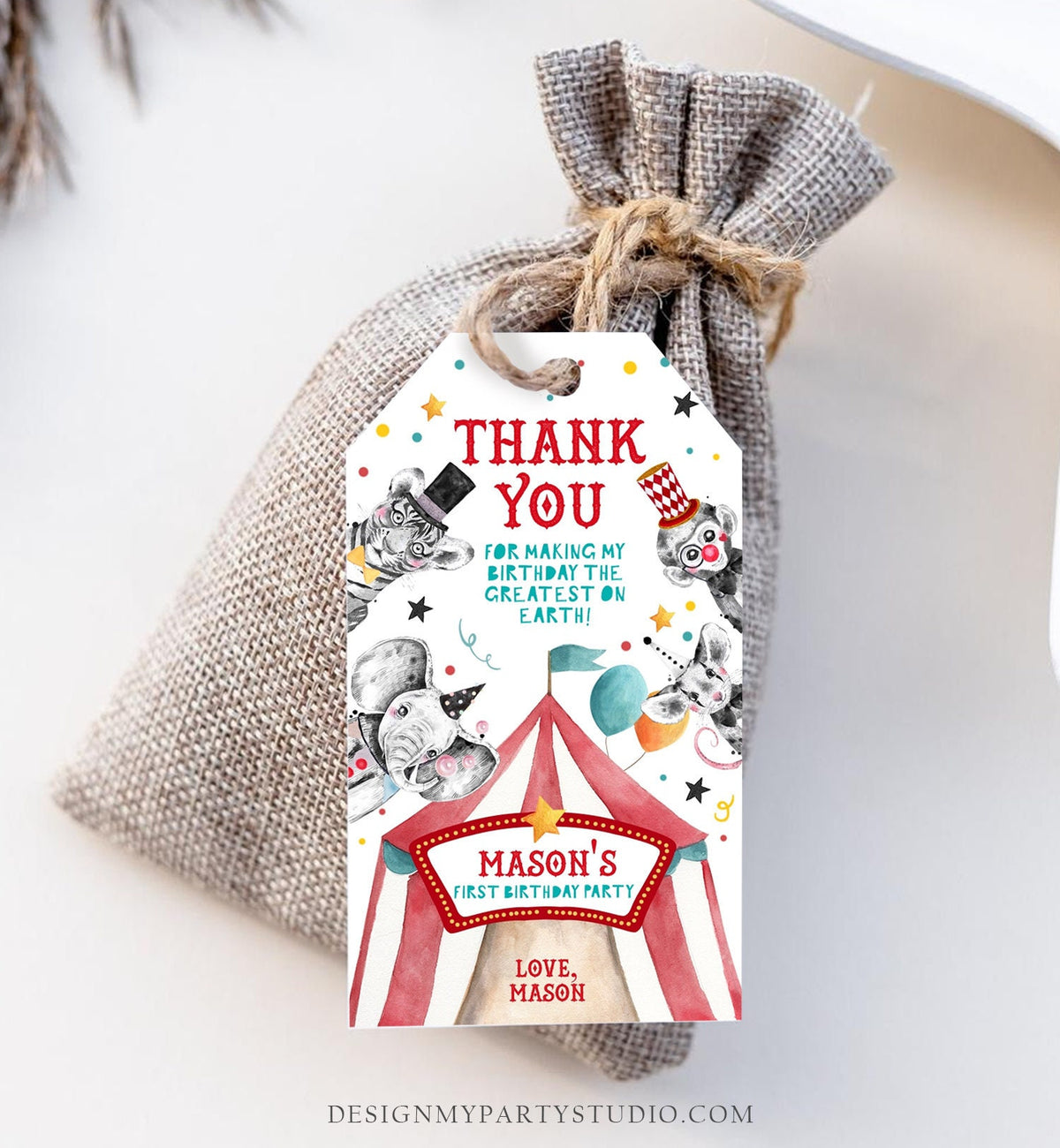 Editable Circus Favor Tag Carnival Festival Birthday Thank You Boy Vintage Label Animals Party Digital Download Template Printable 0355