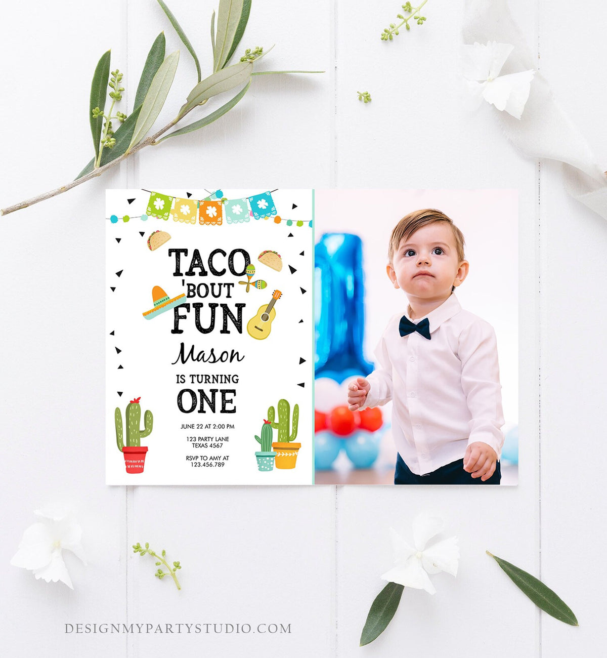 Editable Taco Bout Fun Birthday Invitation Boy First Fiesta Mexican Cactus Sombrero Blue Digital Download Evite Template Printable 0161