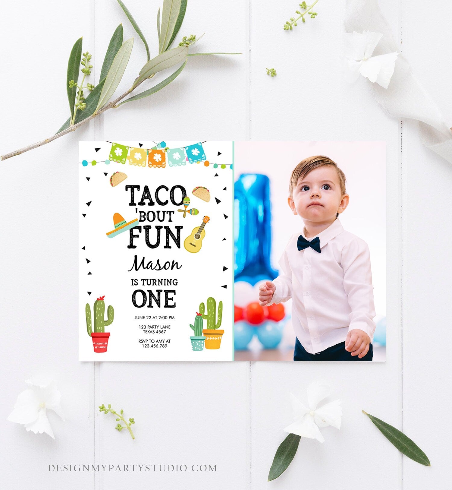 Editable Taco Bout Fun Birthday Invitation Boy First Fiesta Mexican Cactus Sombrero Blue Digital Download Evite Template Printable 0161