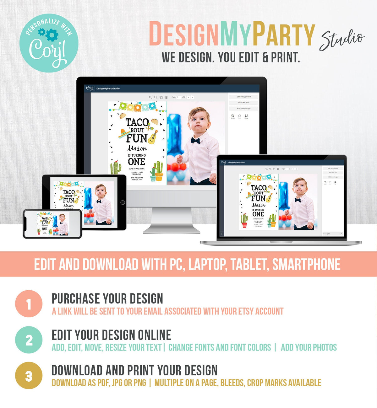 Editable Taco Bout Fun Birthday Invitation Boy First Fiesta Mexican Cactus Sombrero Blue Digital Download Evite Template Printable 0161