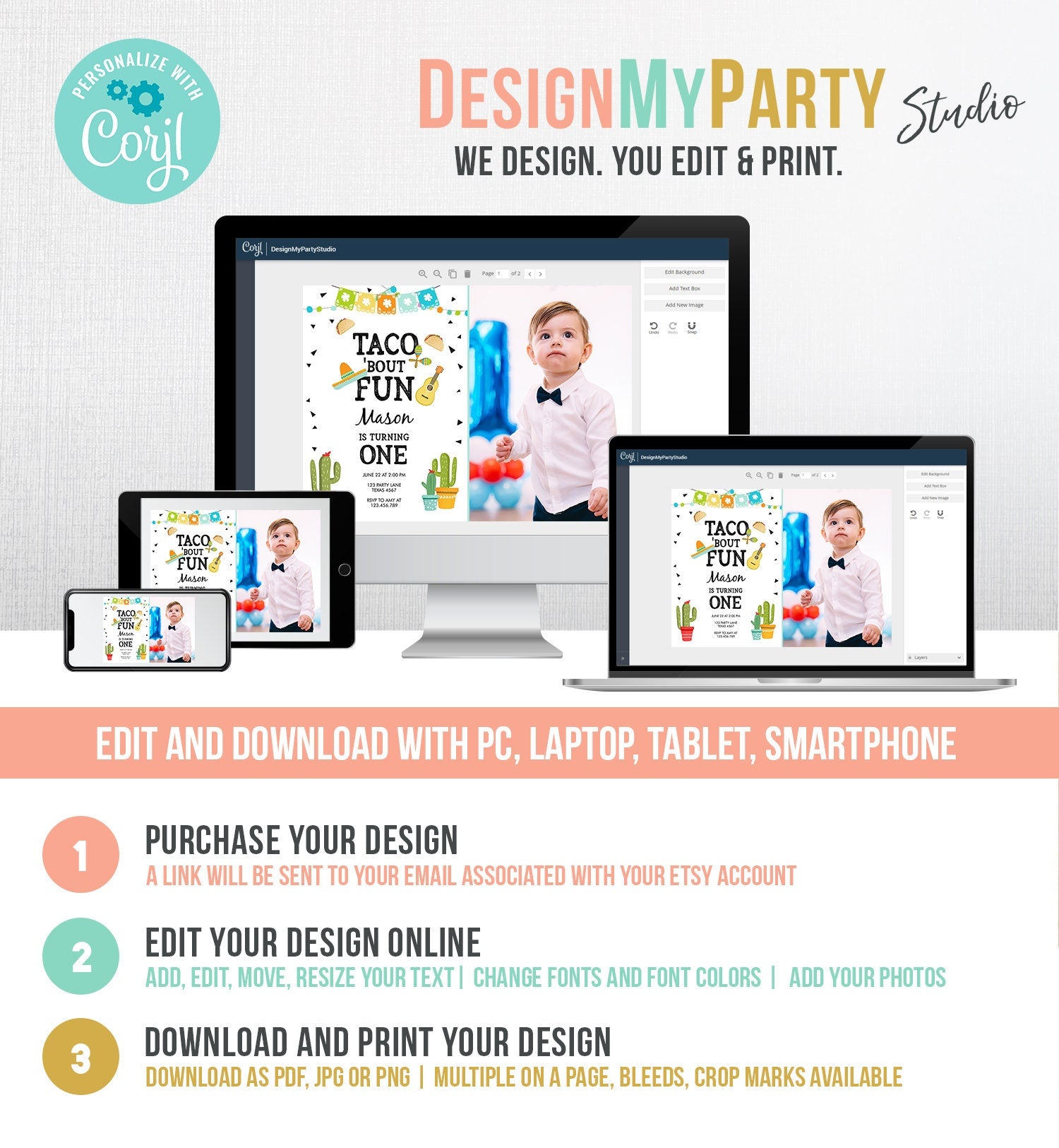 Editable Taco Bout Fun Birthday Invitation Boy First Fiesta Mexican Cactus Sombrero Blue Digital Download Evite Template Printable 0161