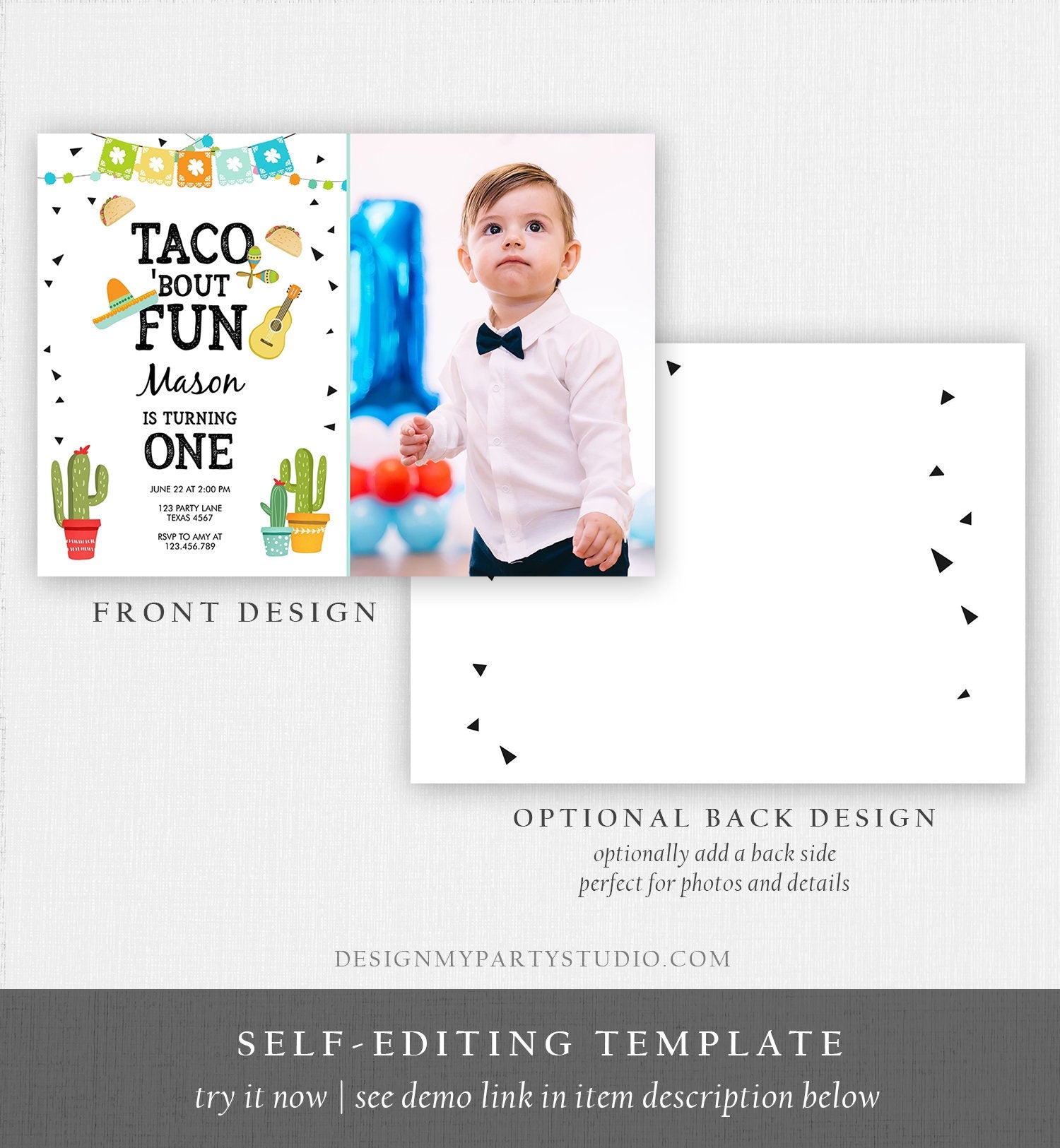 Editable Taco Bout Fun Birthday Invitation Boy First Fiesta Mexican Cactus Sombrero Blue Digital Download Evite Template Printable 0161