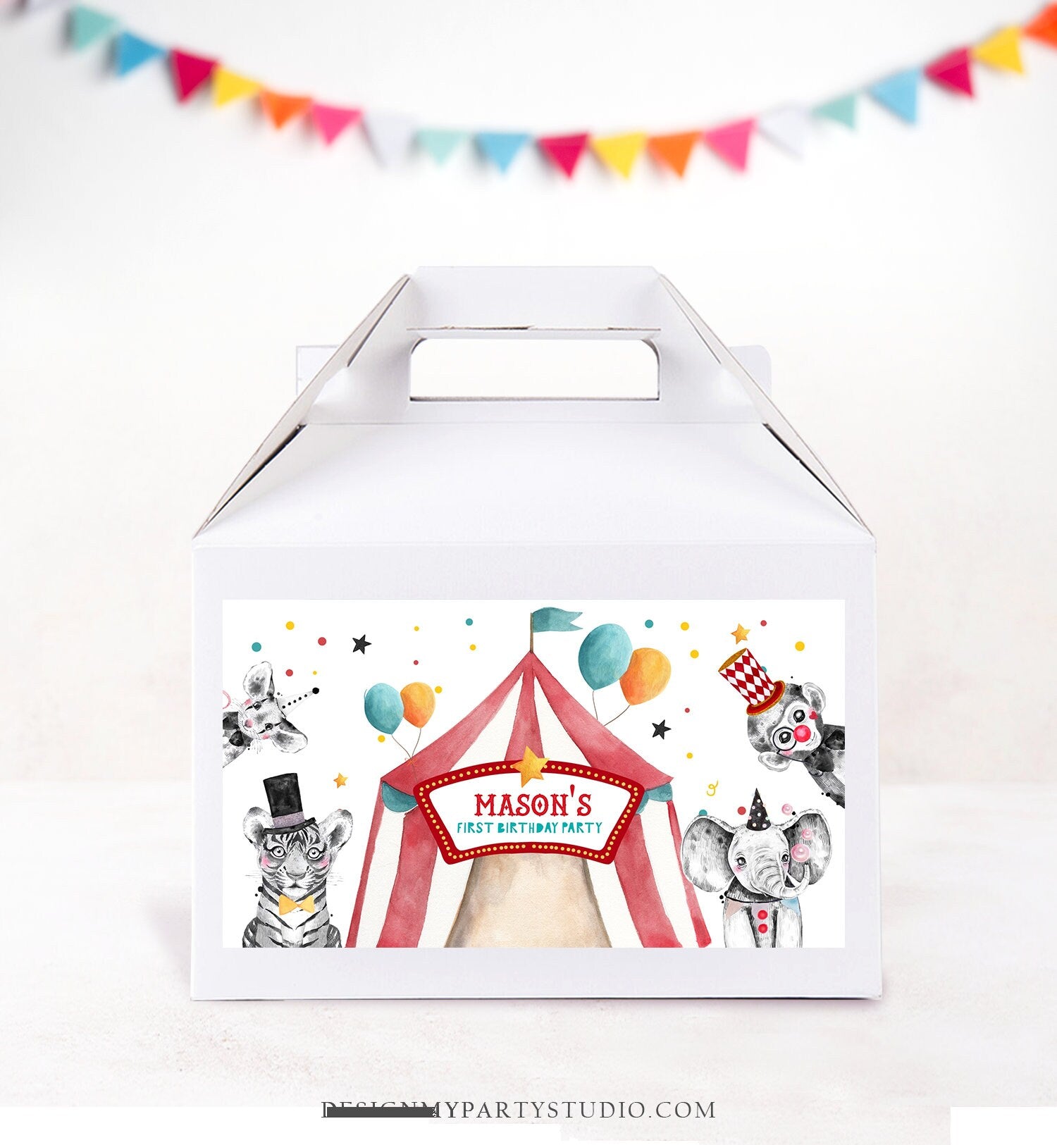 Editable Circus Gable Gift Box Label Carnival Favor Box Circus Birthday Treat Box Label Circus Theme Big Top Download Printable Corjl 0355
