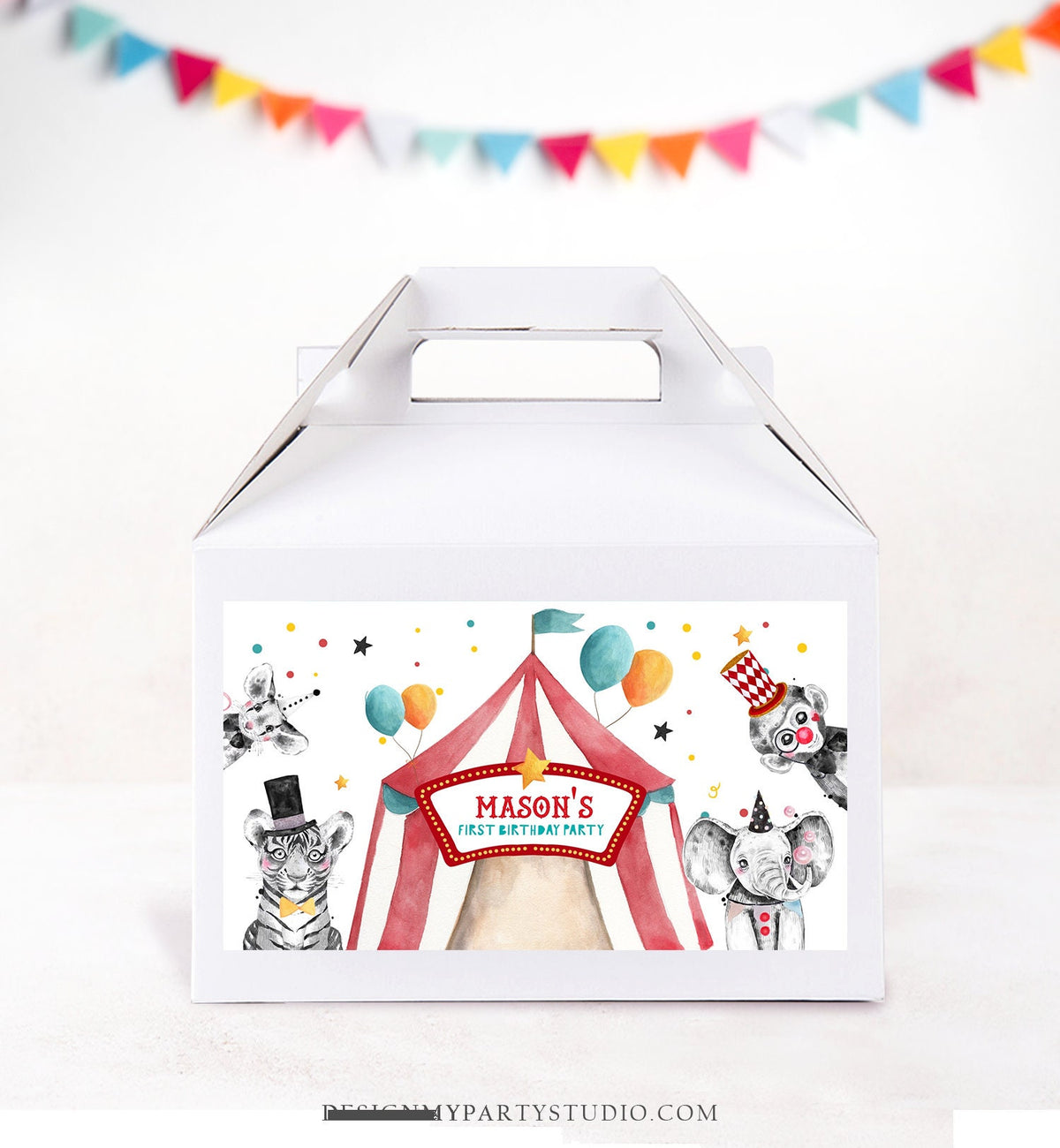 Editable Circus Gable Gift Box Label Carnival Favor Box Circus Birthday Treat Box Label Circus Theme Big Top Digital Template Printable 0355