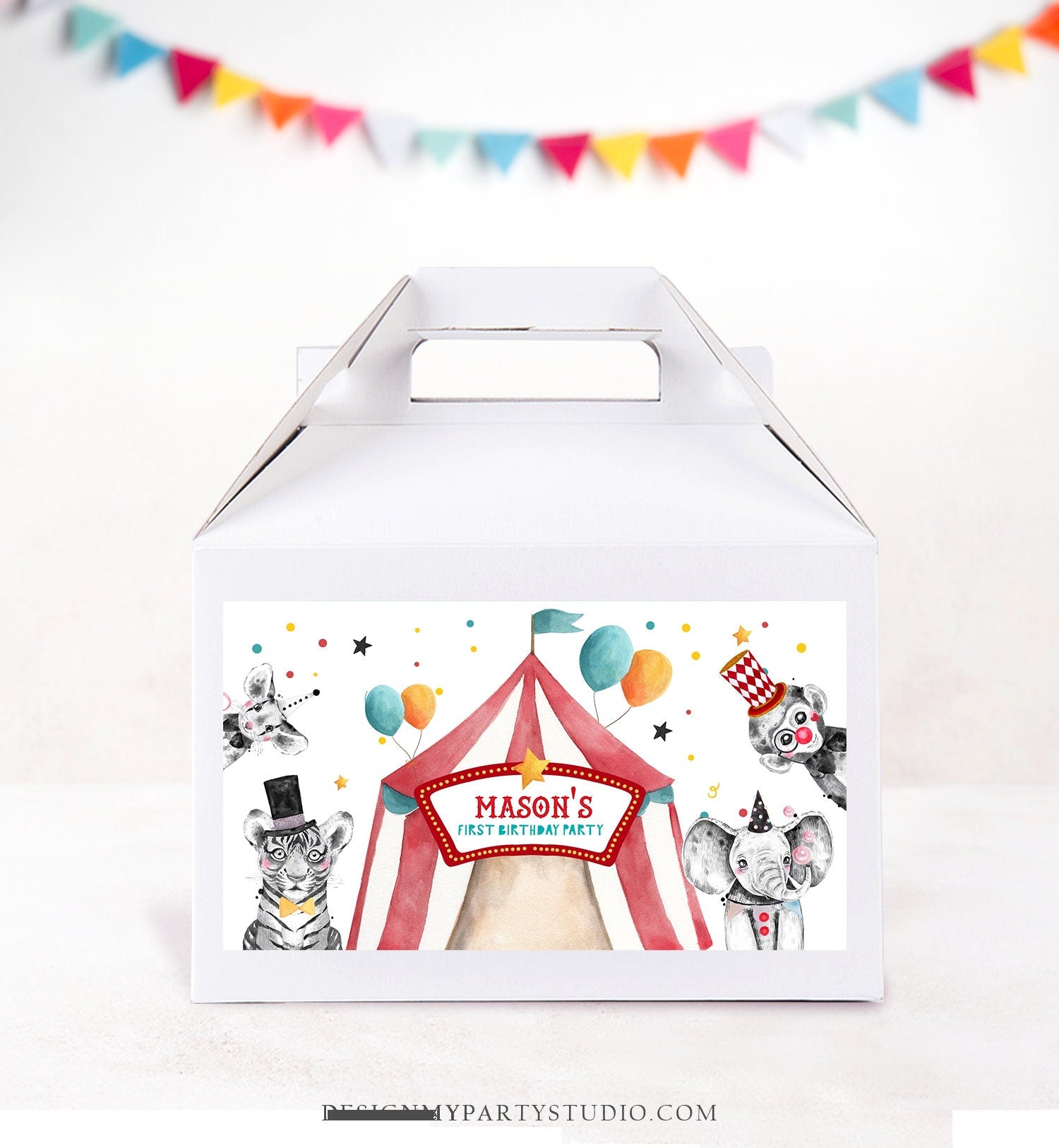 Editable Circus Gable Gift Box Label Carnival Favor Box Circus Birthday Treat Box Label Circus Theme Big Top Digital Template Printable 0355