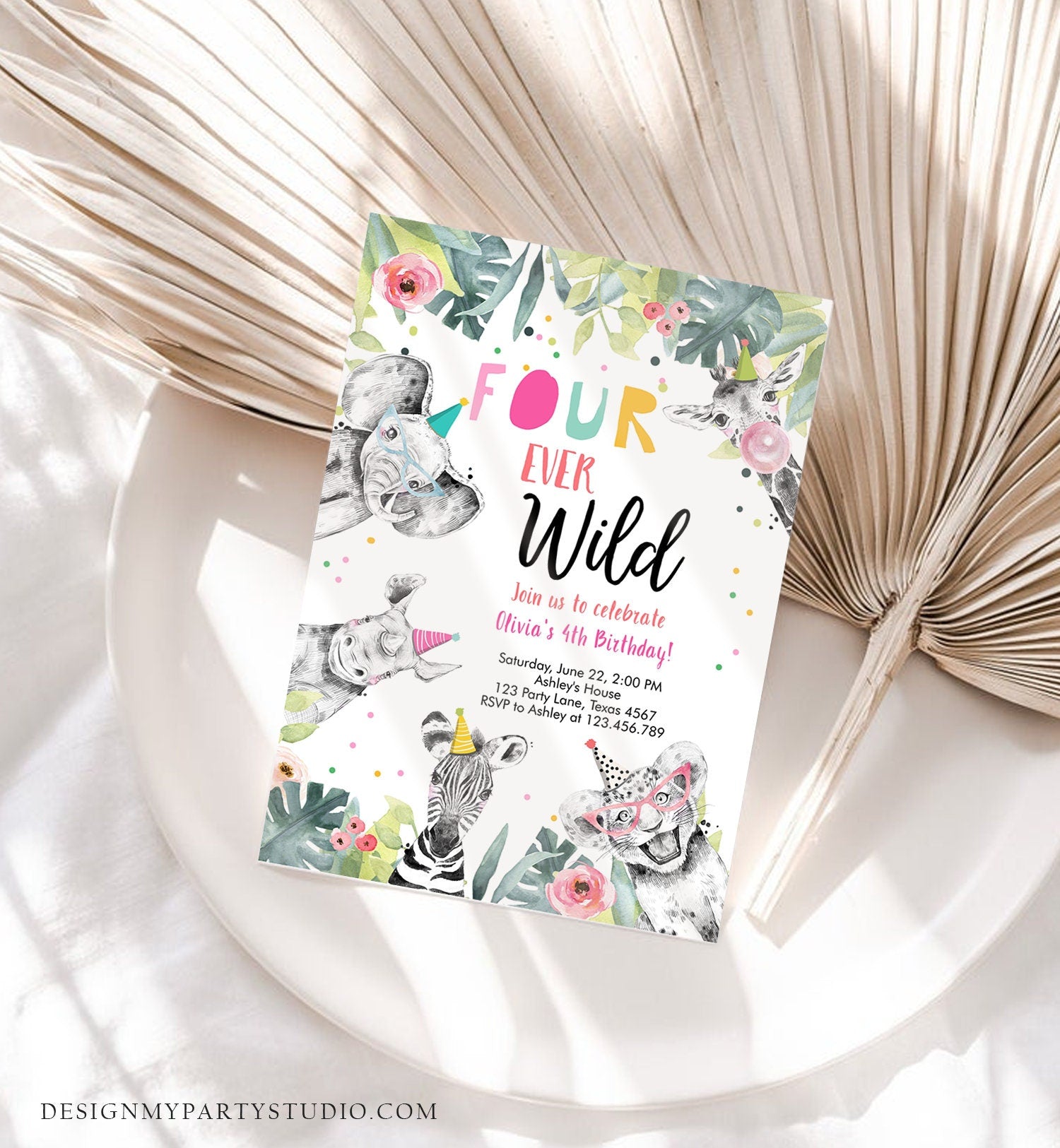 Editable Four Ever Wild Invitation Girl Pink and Gold Safari Animals Zoo Instant 4th Fourever Digital Download Evite Template Printable 0322