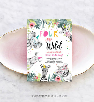 Editable Four Ever Wild Invitation Girl Pink and Gold Safari Animals Zoo Instant 4th Fourever Download Printable Template Digital Corjl 0322