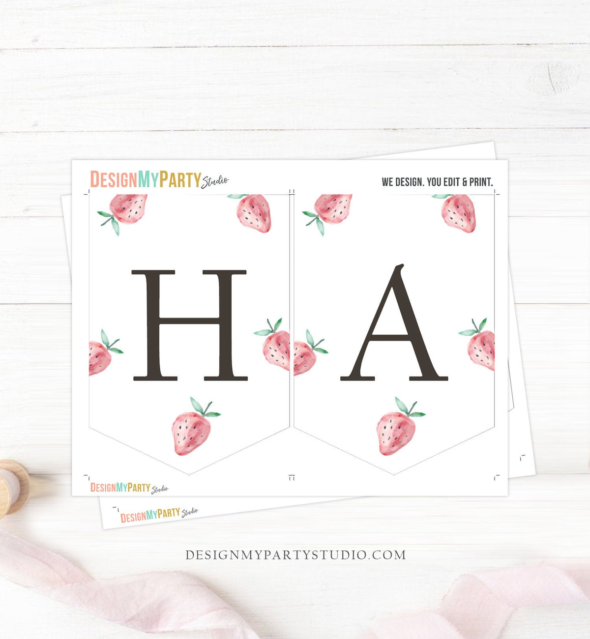 Happy Birthday Banner Strawberry Birthday Banner Girl Strawberries Decorations Berry Sweet 1st Instant download PRINTABLE DIGITAL DIY 0399
