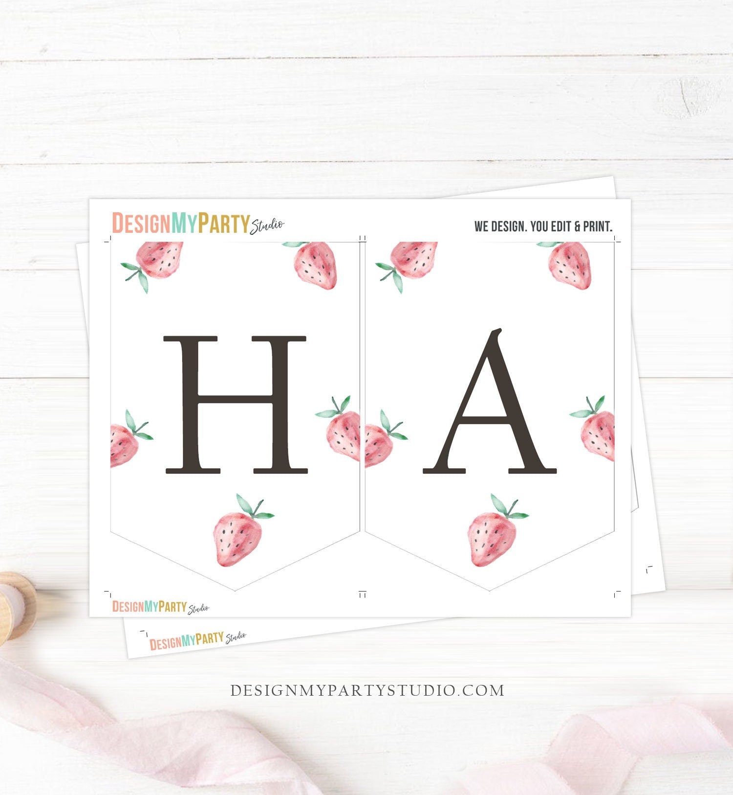 Happy Birthday Banner Strawberry Birthday Banner Girl Strawberries Decorations Berry Sweet 1st Instant download PRINTABLE DIGITAL DIY 0399