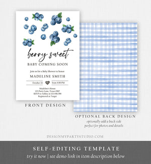 Editable Blueberry Baby Shower Invitation Cute Berry Sweet Baby Boy Blueberries Summer Fruit Download Printable Template Corjl Digital 0399
