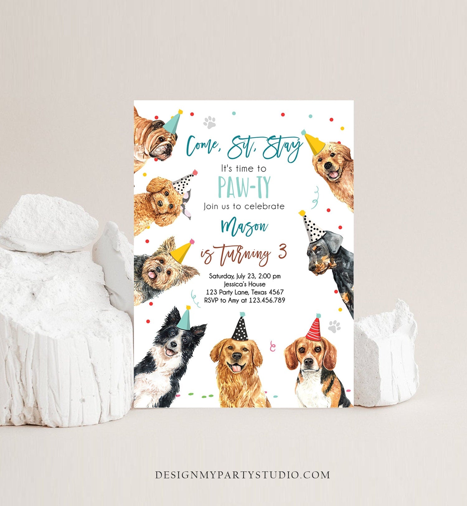 Editable Dog Birthday Party Invitation Puppy Birthday Invite Boys Blue Doggy Shelter Animal Pet Vet Download Printable Template Corjl 0384