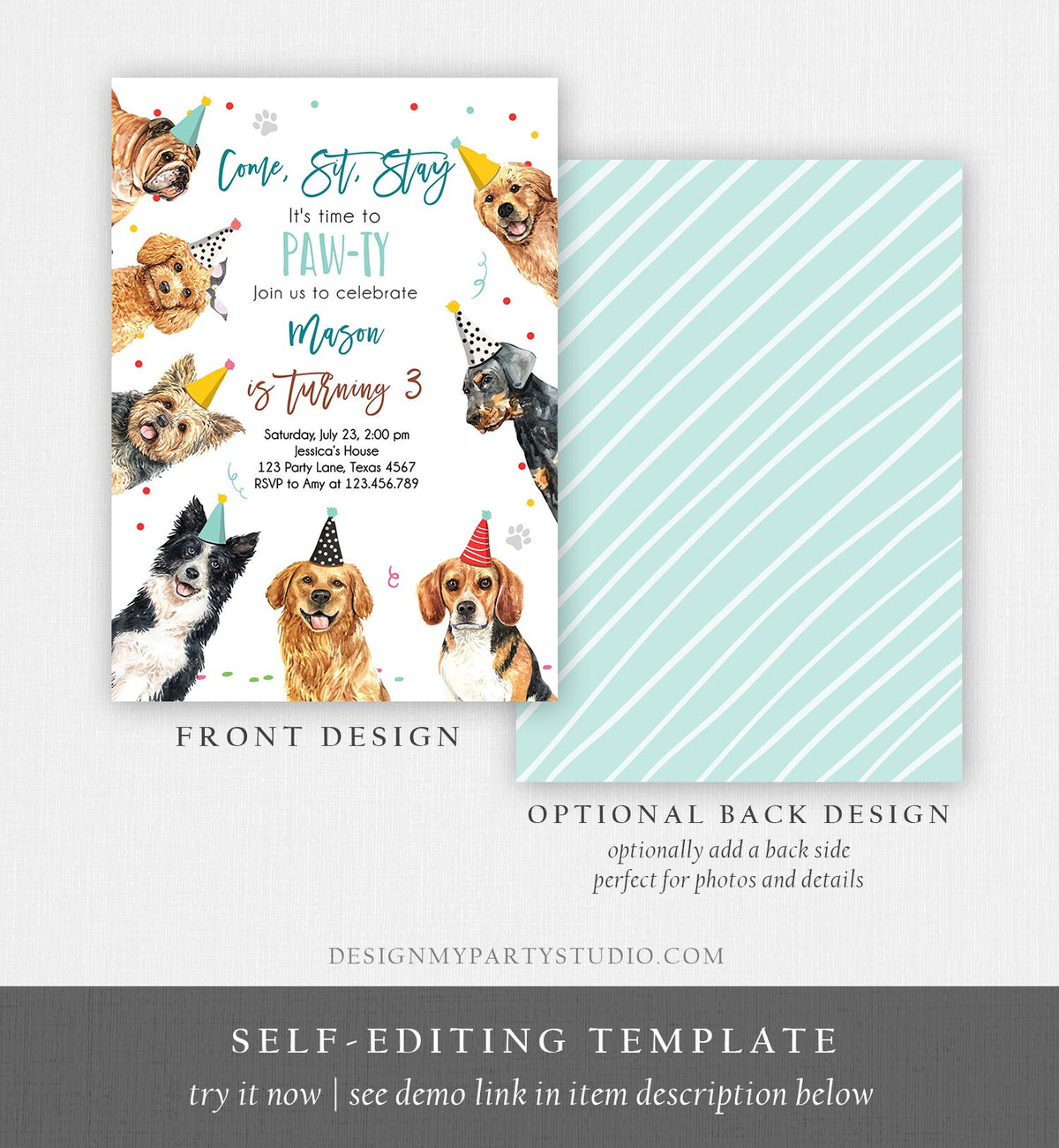 Editable Dog Birthday Party Invitation Puppy Birthday Invite Boys Blue Doggy Shelter Animal Pet Vet Download Printable Template Corjl 0384