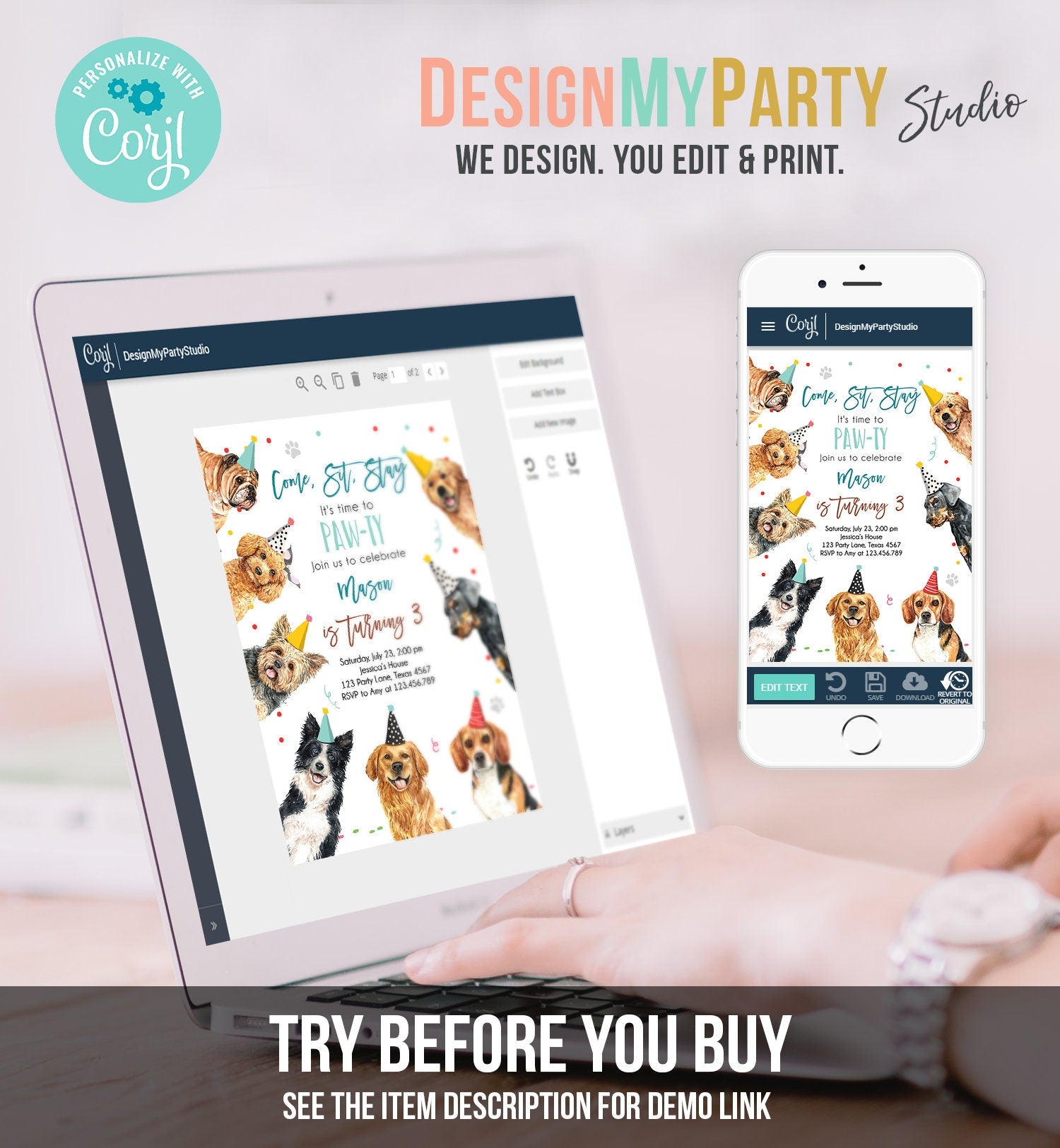 Editable Dog Birthday Party Invitation Puppy Birthday Invite Boys Blue Doggy Shelter Animal Pet Vet Download Printable Template Corjl 0384