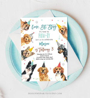 Editable Dog Birthday Party Invitation Puppy Birthday Invite Boys Blue Doggy Shelter Animal Pet Vet Download Printable Template Corjl 0384