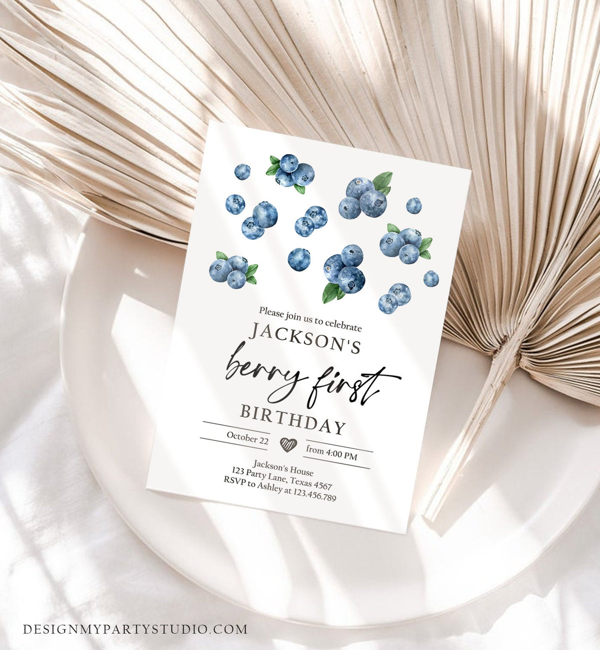 Editable Blueberry Birthday Invitation First Birthday Berry Sweet Boy Cute Blueberries 1st Digital Download Evite Template Printable 0399