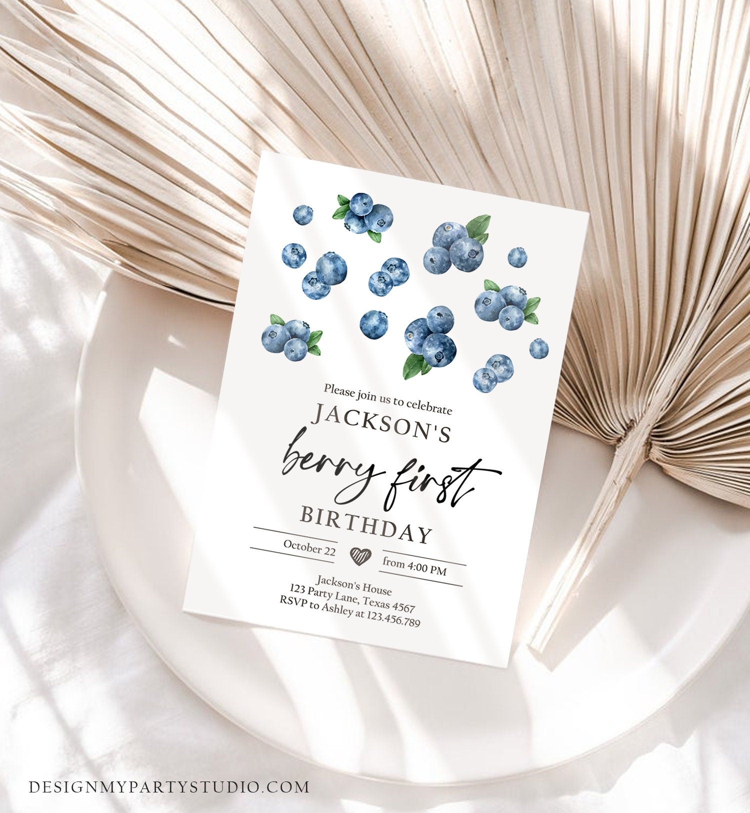 Editable Blueberry Birthday Invitation First Birthday Berry Sweet Boy Cute Blueberries 1st Digital Download Evite Template Printable 0399