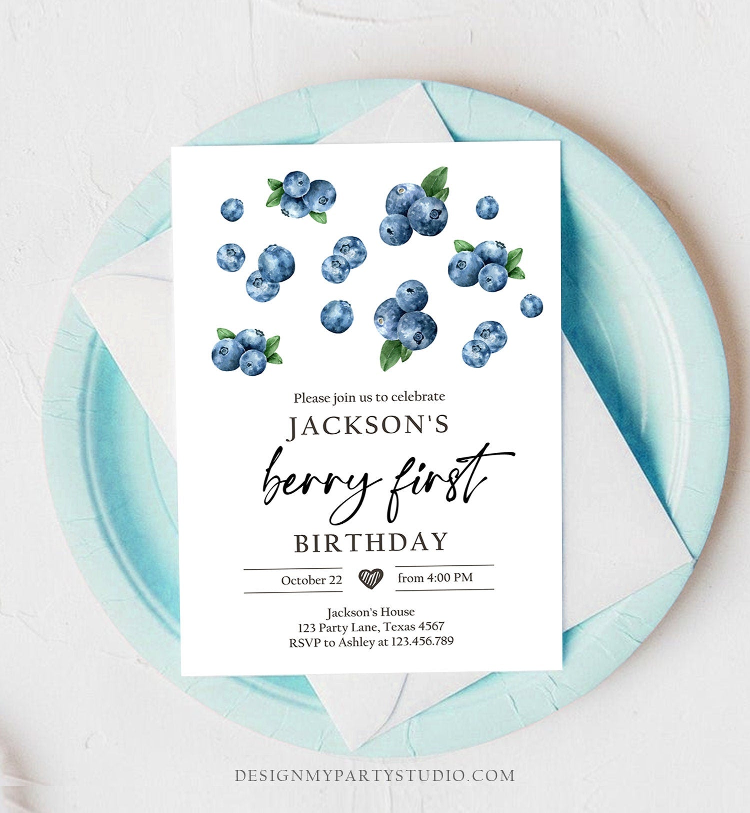 Editable Blueberry Birthday Invitation First Birthday Berry Sweet Boy Cute Blueberries 1st Digital Download Evite Template Printable 0399