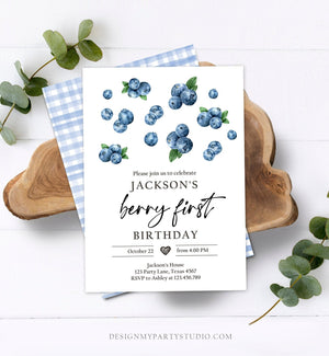 Editable Blueberry Birthday Invitation First Birthday Berry Sweet Boy Cute Blueberries 1st Download Printable Template Corjl Digital 0399