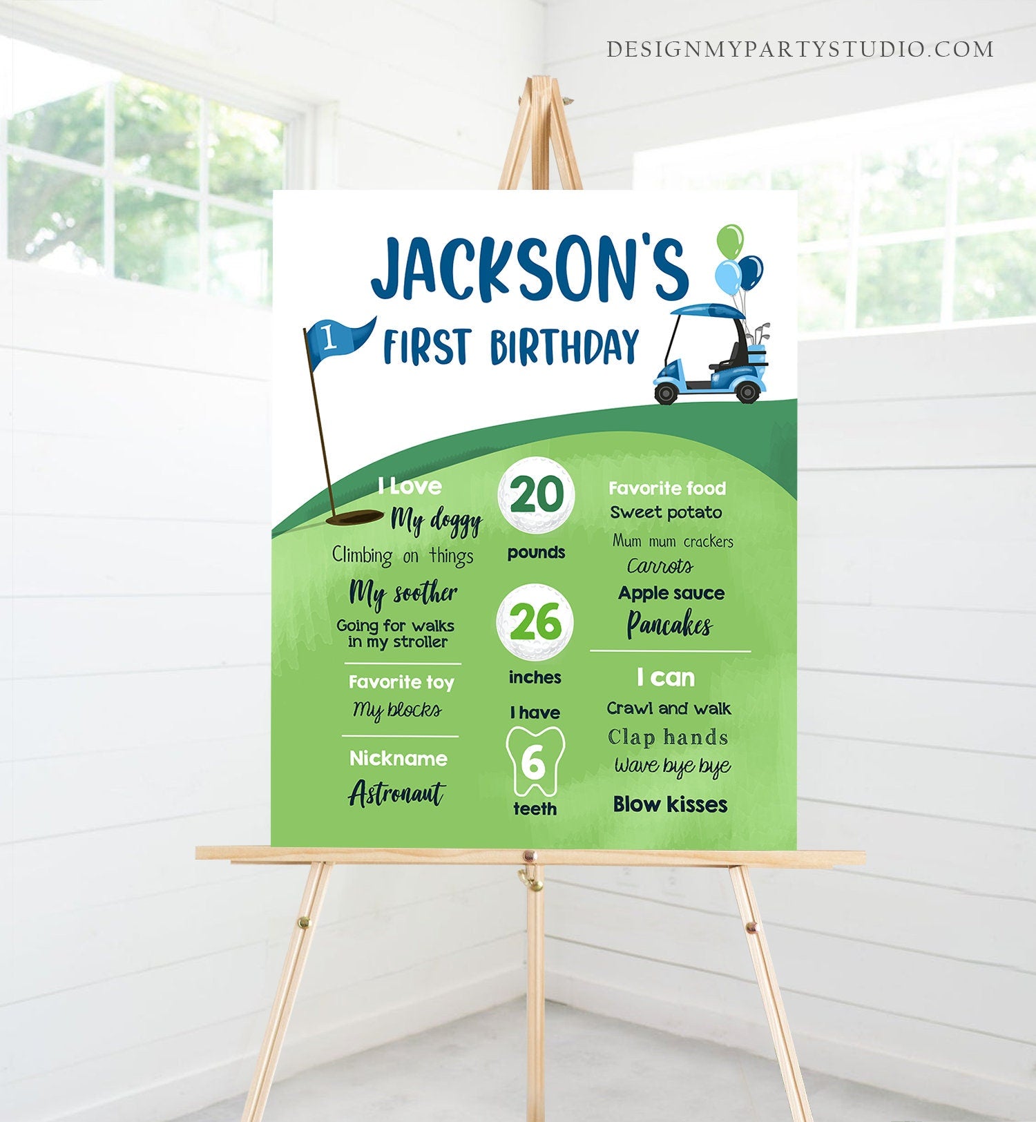 Editable Golf Birthday Milestones Sign Hole in One Golf First Birthday Boy 1st Golf Court Golf Party Decor Template Printable Corjl 0405