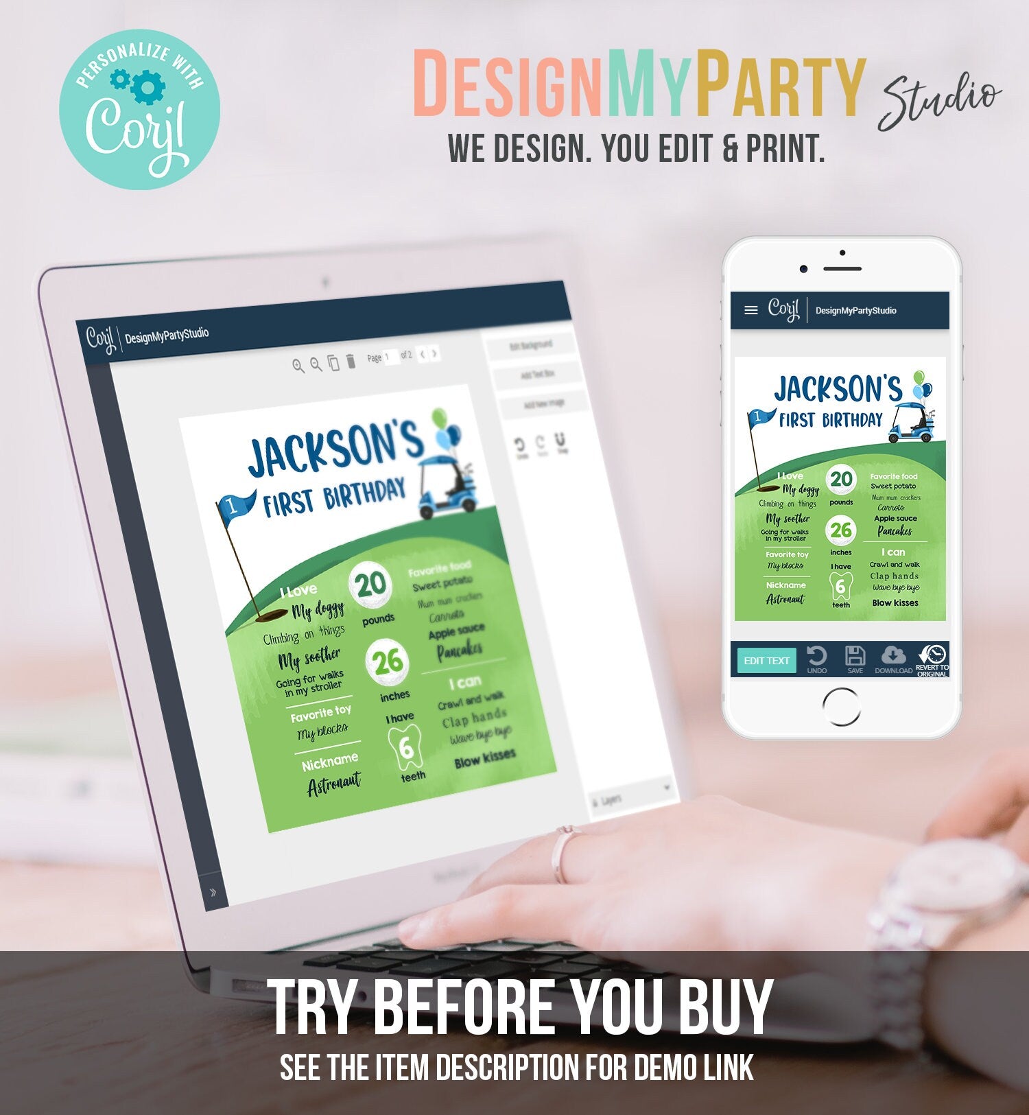 Editable Golf Birthday Milestones Sign Hole in One Golf First Birthday Boy 1st Golf Court Golf Party Decor Template Printable Corjl 0405