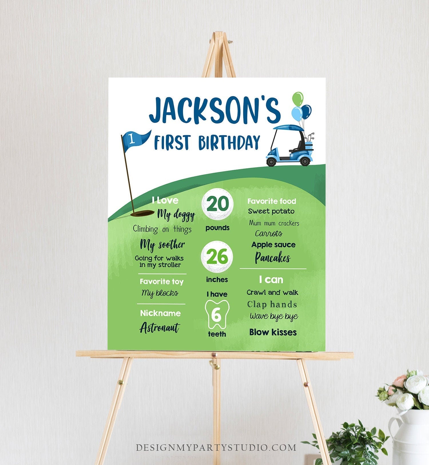 Editable Golf Birthday Milestones Sign Hole in One Golf First Birthday Boy 1st Golf Court Golf Party Decor Template Printable Corjl 0405