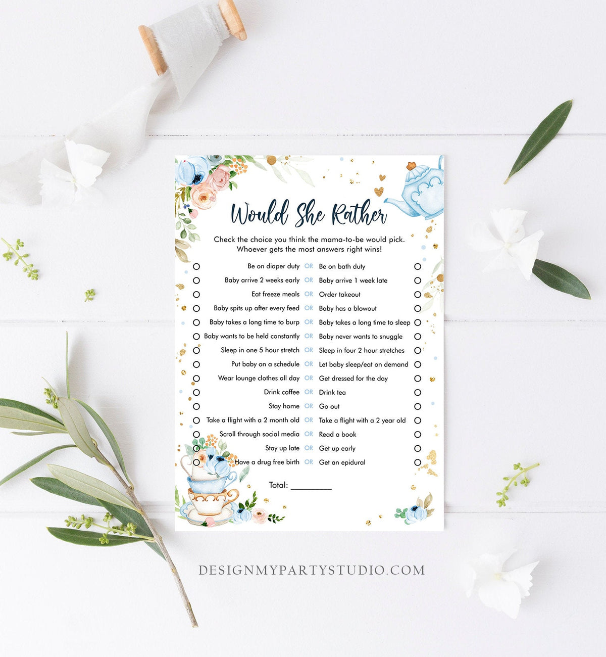 Editable Would She Rather Baby Shower Game Greenery Tea Party Baby is Brewing Blue Rustic Watercolor Guess Digital Template Printable 0349