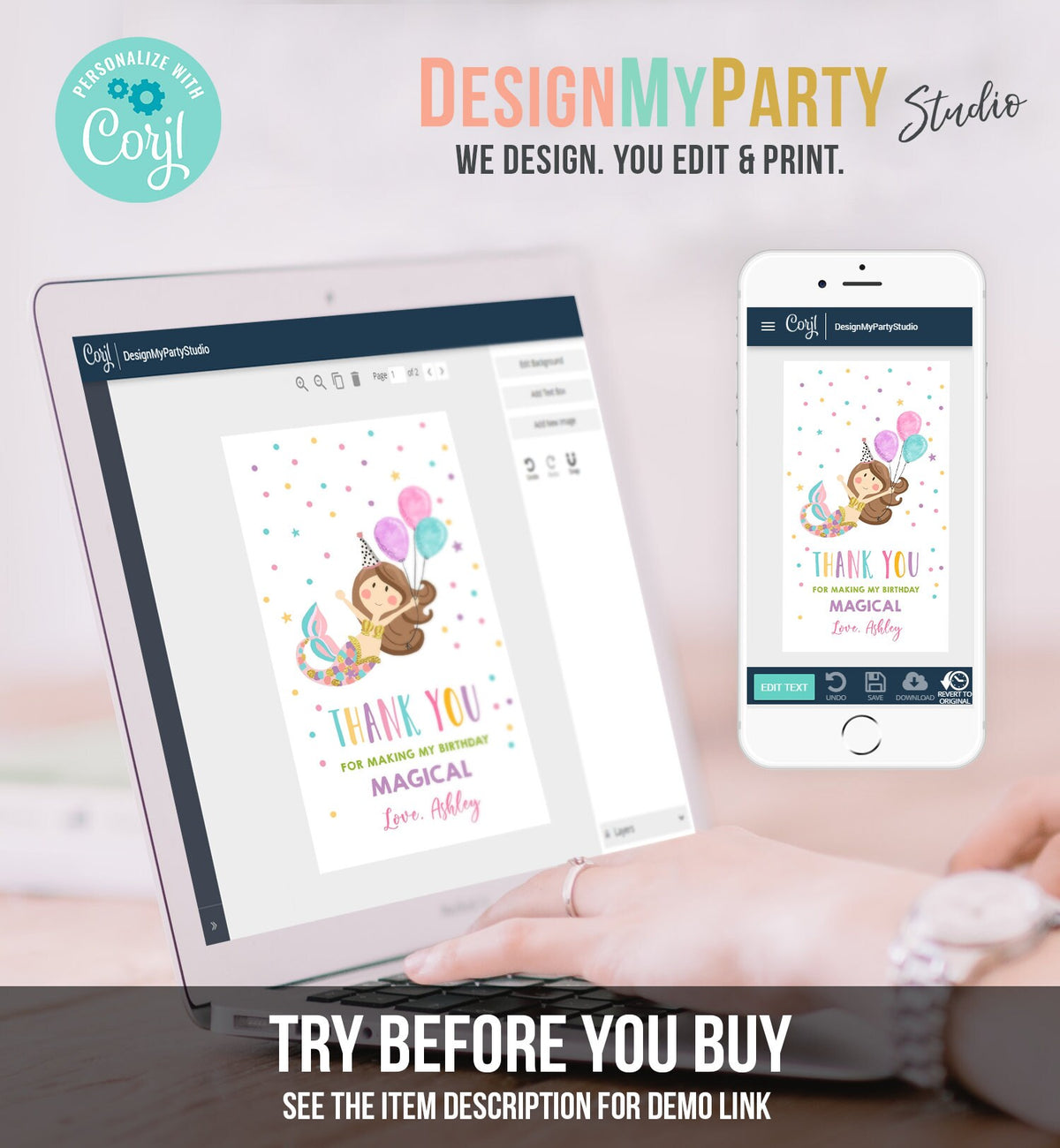 Editable Mermaid Favor Tag Birthday Party Favors Under the Sea Thank You Gift Tags Pink Girl Gold Balloons Digital Template Printable 0338