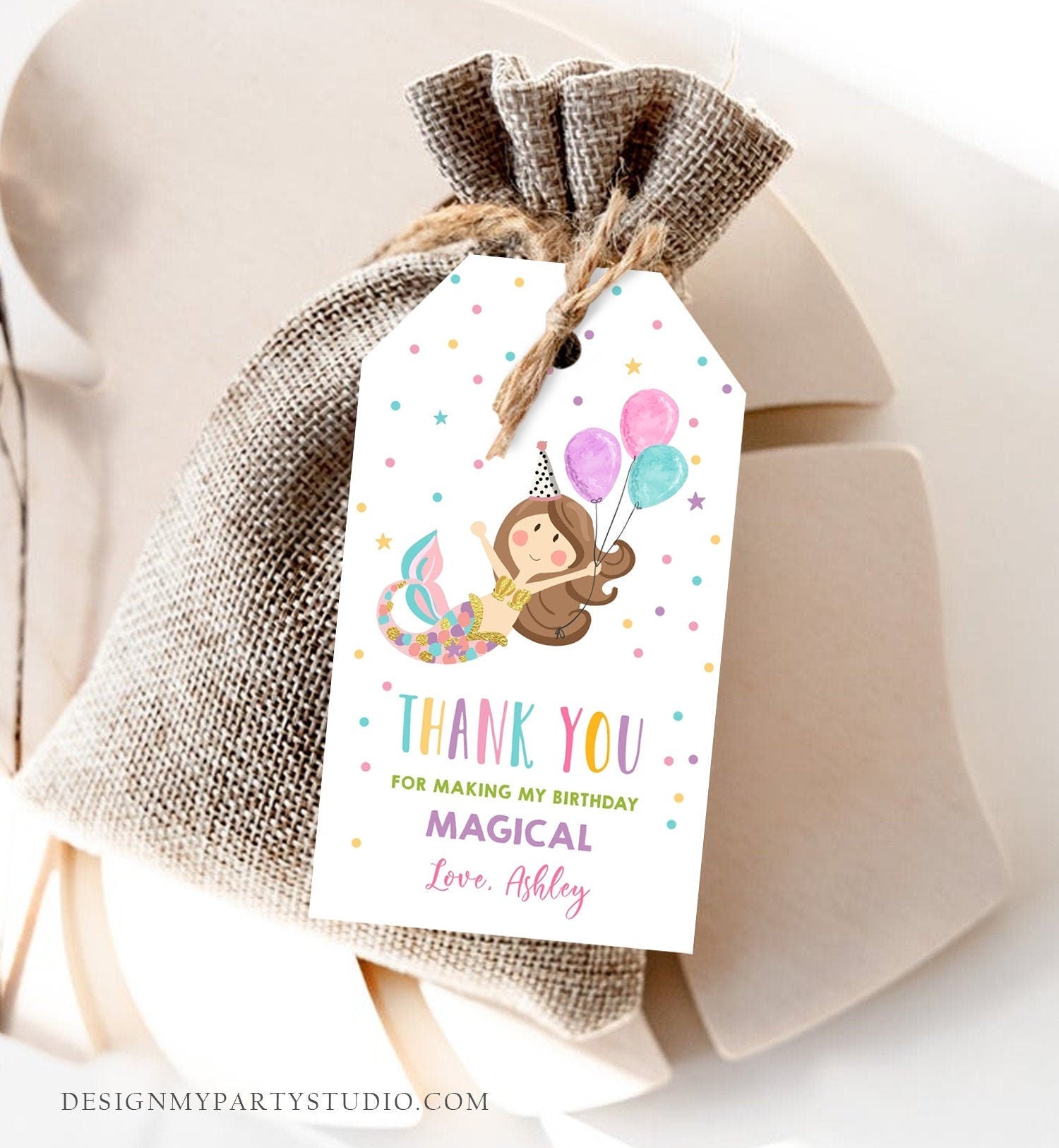 Editable Mermaid Favor Tag Birthday Party Favors Under the Sea Thank You Gift Tags Pink Girl Gold Balloons Digital Template Printable 0338