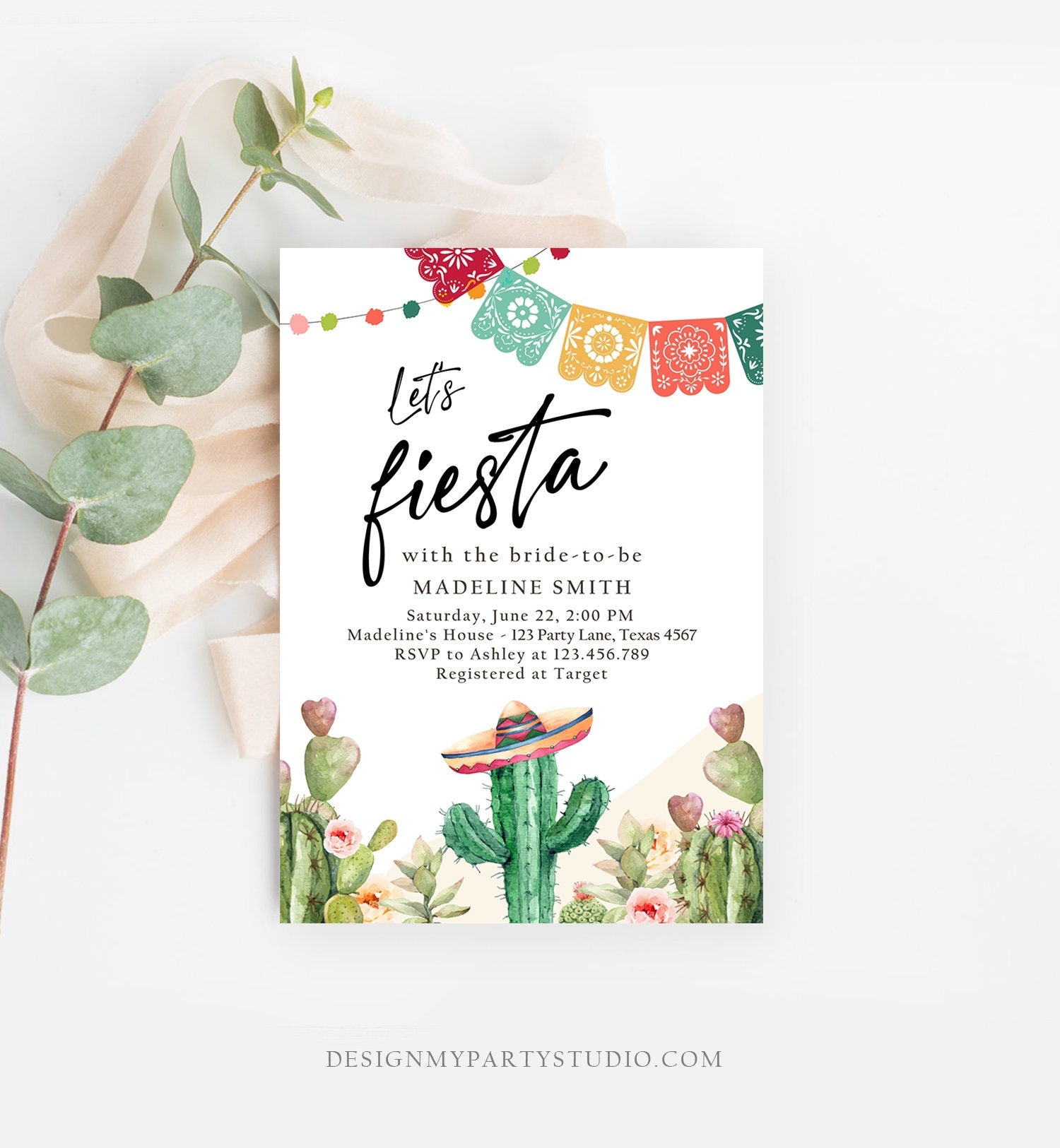 Editable Fiesta Bridal Shower Invitation Couples Shower Mexican Cactus Succulent Desert Floral Printable Invitation Template Corjl 0404