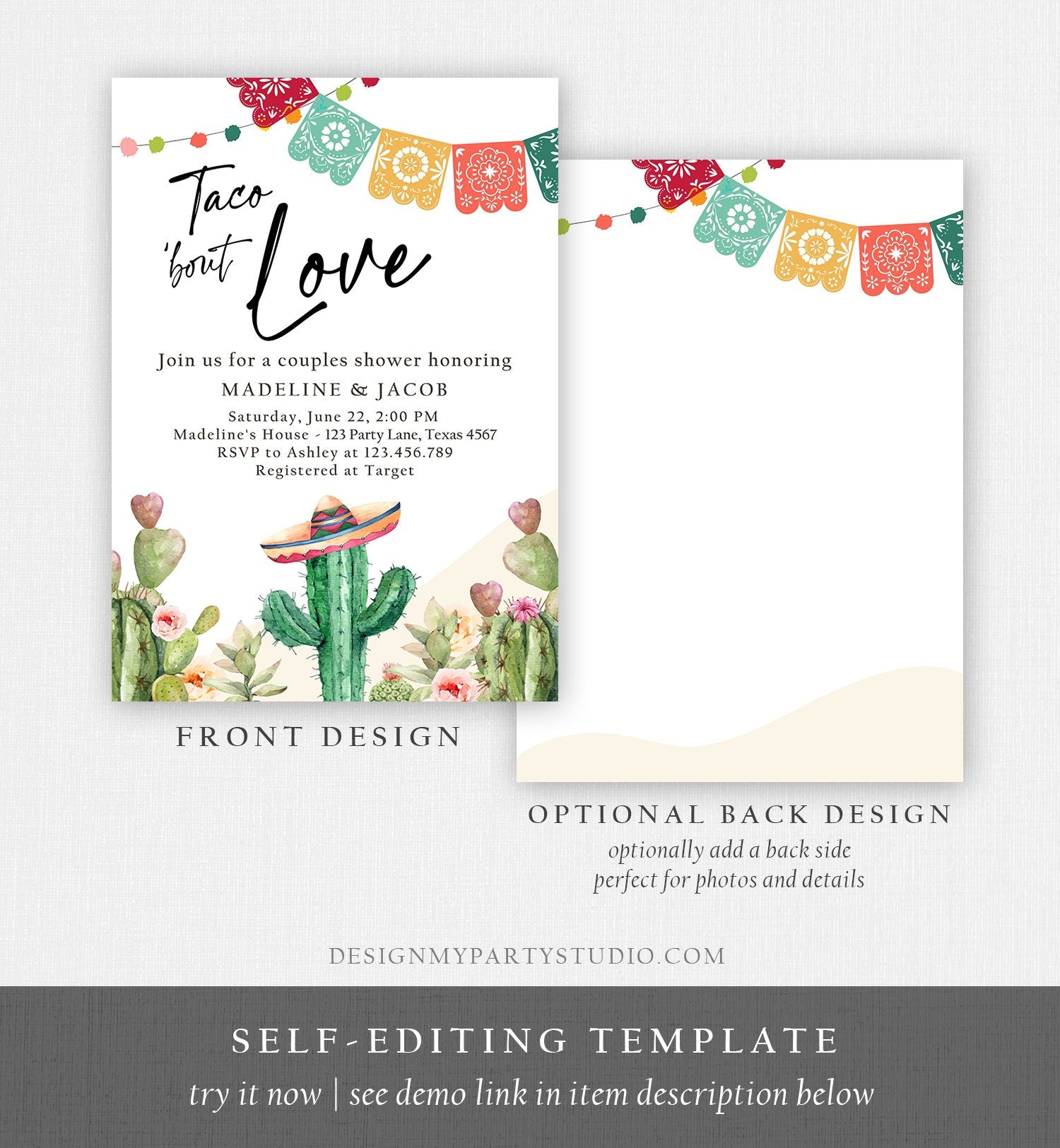 Editable Taco Bout Love Couples Shower Invitation Fiesta Cactus Succulent Mexican Desert Digital Download Evite Template Printable 0404