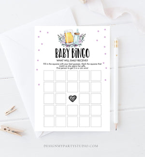 Editable Baby Bingo Baby Shower Game Greenery Baby is Brewing Shower Activity Purple Lilac Beer Bottle Party Corjl Template Printable 0190