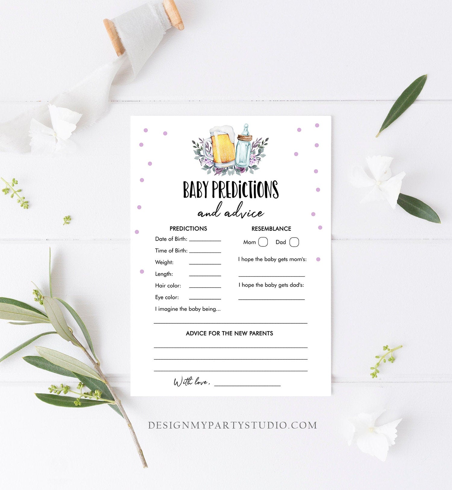 Editable Baby Predictions Baby Shower Game Advice for Parents Greenery Baby is Brewing Purple Beer Bottle Corjl Template Printable 0190