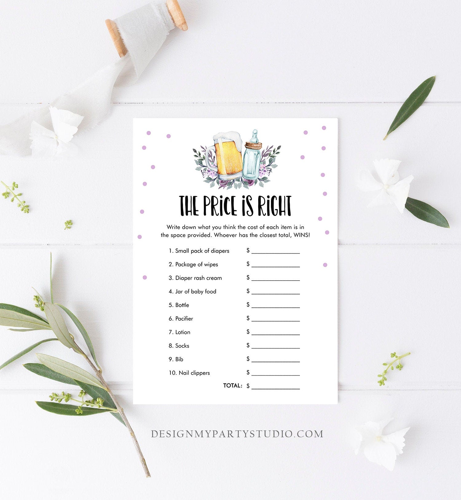 Editable The Price is Right Baby Shower Game Greenery Baby is Brewing Activity Purple Lilac Beer Bottle Corjl Template Printable 0190