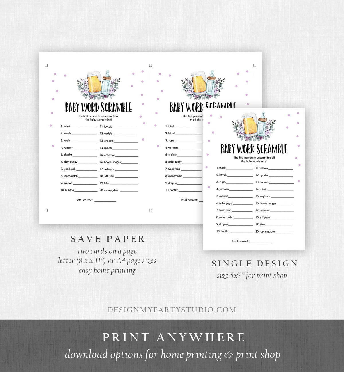 Editable Word Scramble Baby Shower Game Word Search Greenery Baby is Brewing Shower Purple Lilac Beer Bottle Corjl Template Printable 0190