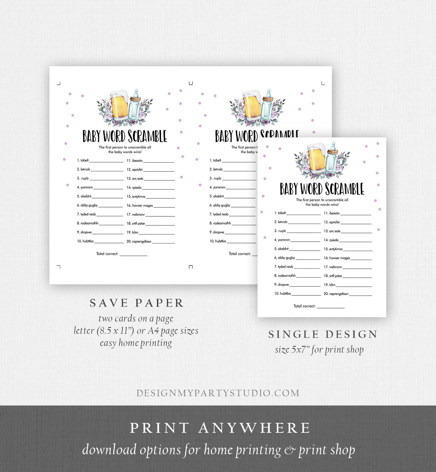 Editable Word Scramble Baby Shower Game Word Search Greenery Baby is Brewing Shower Purple Lilac Beer Bottle Corjl Template Printable 0190