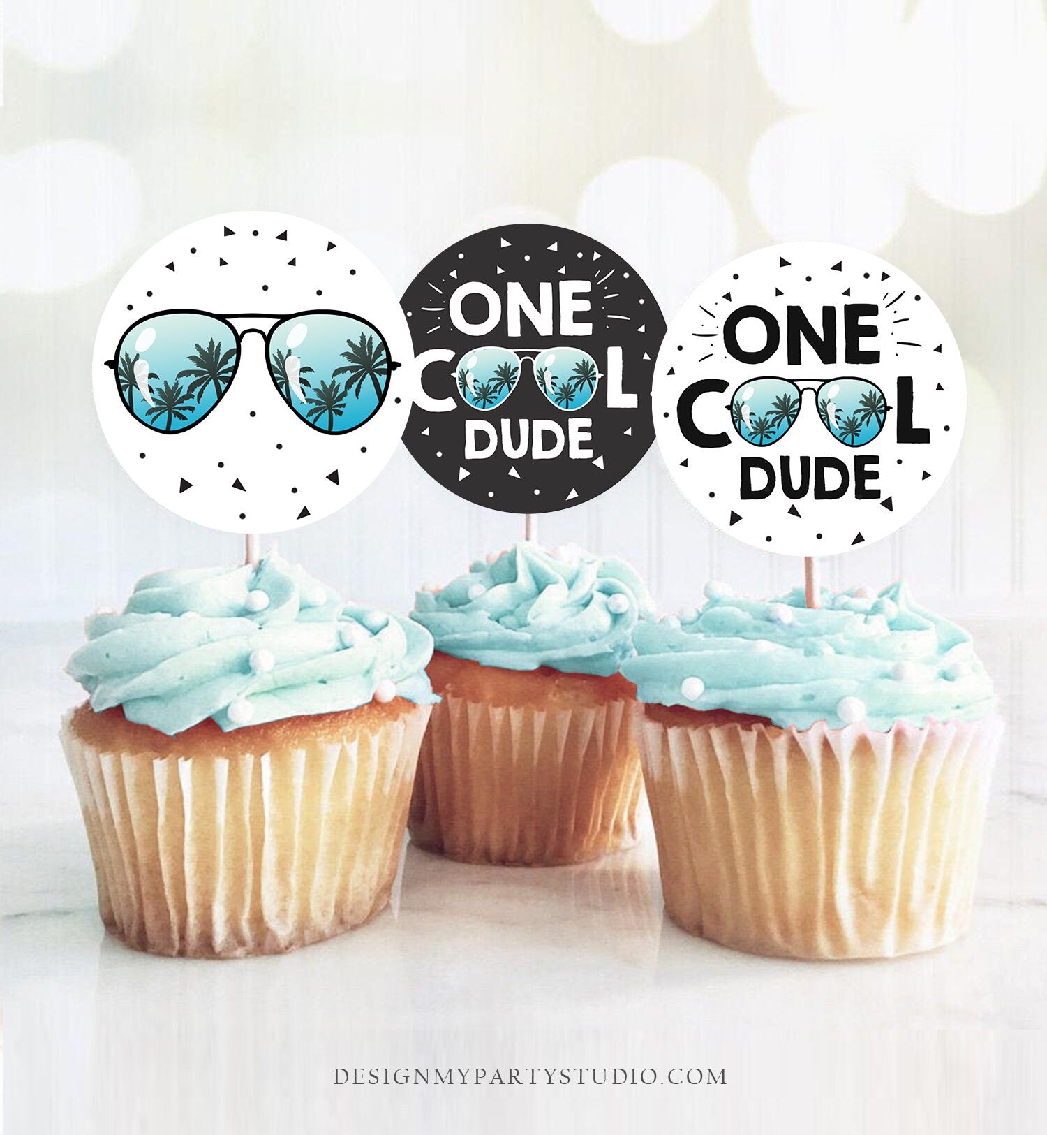 One Cool Dude Cupcake Toppers Favor Tags Boy 1st Birthday Party Decoration First Birthday Blue Summer Pilot download Digital PRINTABLE 0136