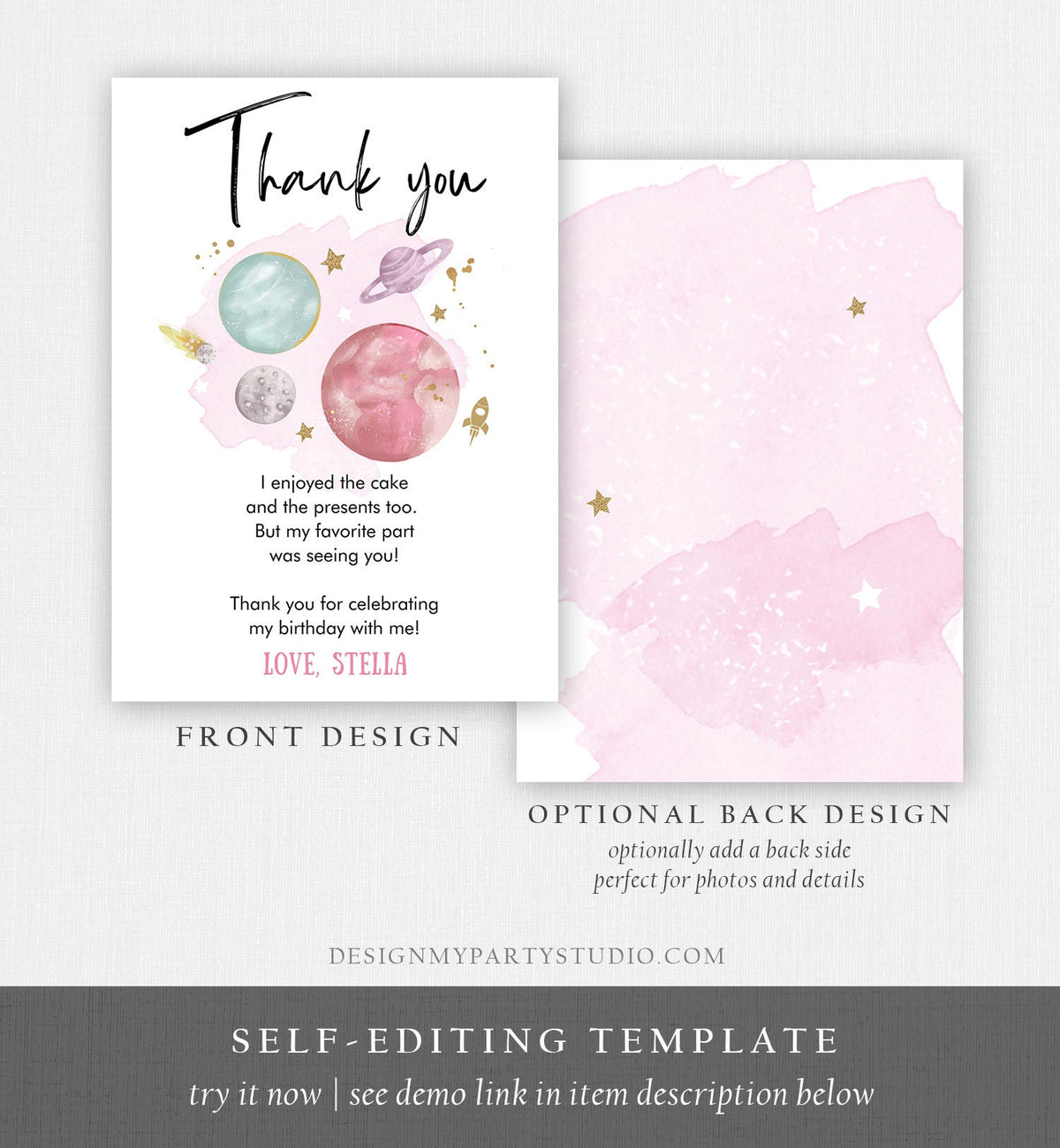 Editable Space Thank You Card Birthday Baby Shower Girl Astronaut To the Moon Galaxy Thank You Note Digital Download Template Printable 0357
